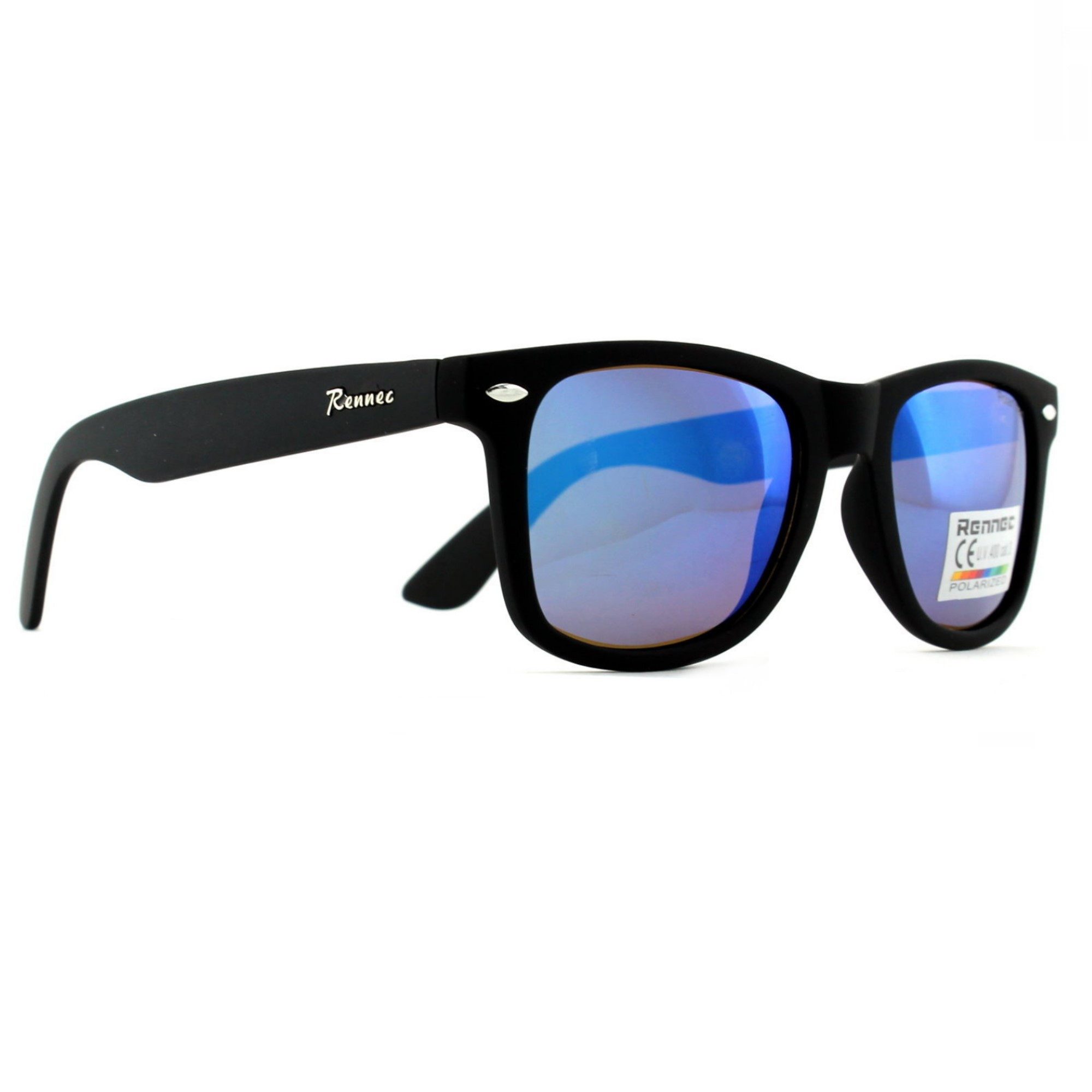 Rennec Sonnenbrille (Retro Sonnenbrille im Nerd Stil mit Polarisierten Gläsern) Polbrille Blau Verspiegelt mit schwimmfähigen Hardcase