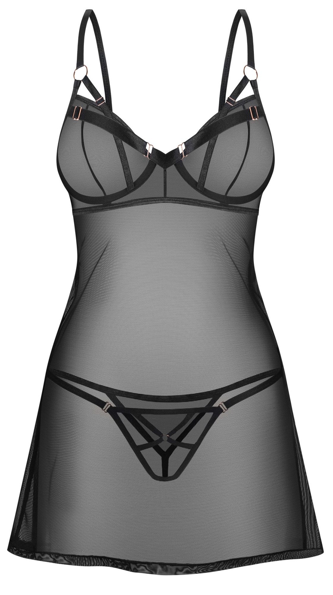 Obsessive Negligé Euridia transparentes Negligè inkl String - schwarz (2-tlg) Bügel-Cups, roségoldfarbene Details