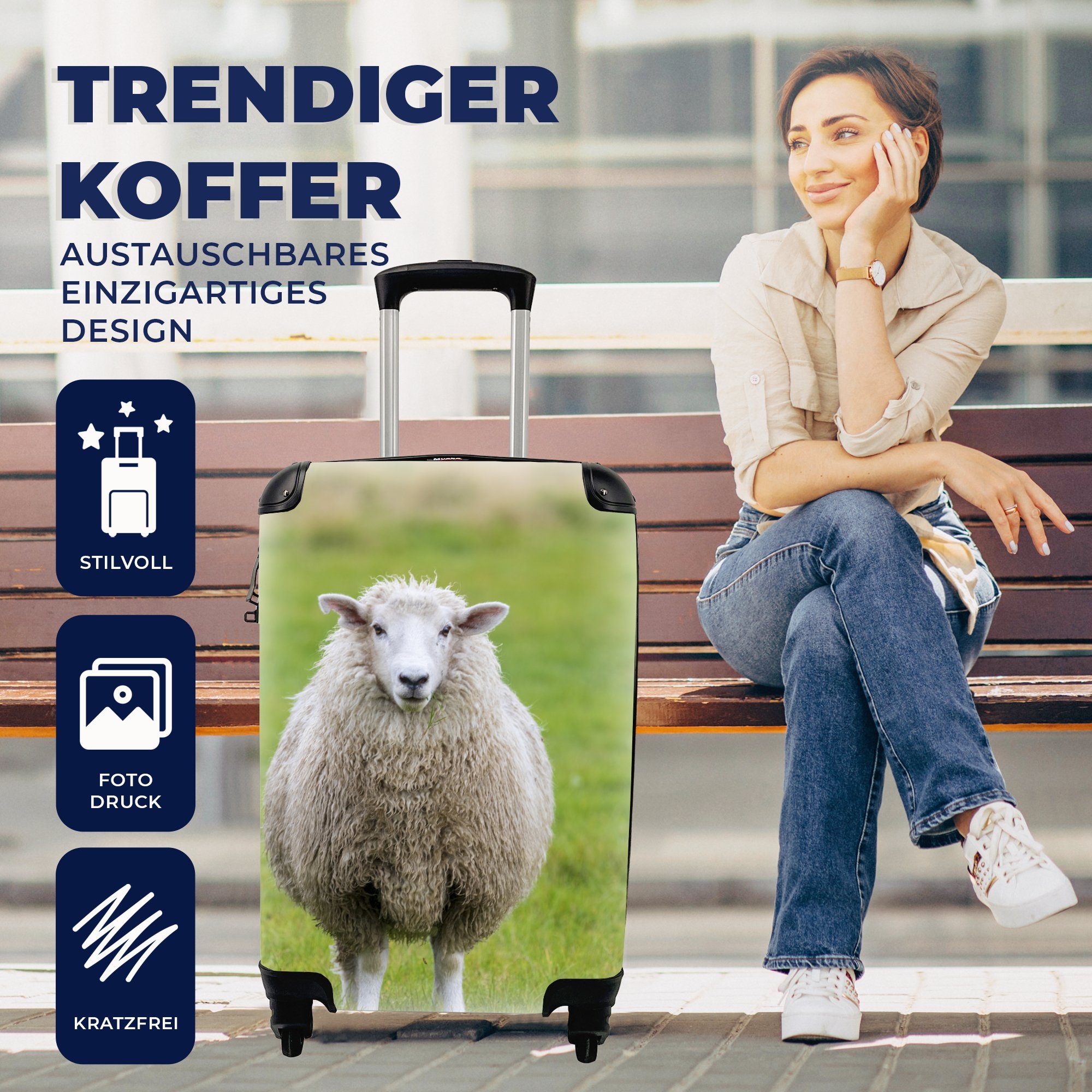 MuchoWow Handgepäckkoffer Schafe - Gras Ferien, Handgepäck 4 rollen, Nutztier, Trolley, für Reisekoffer Rollen, mit Reisetasche 