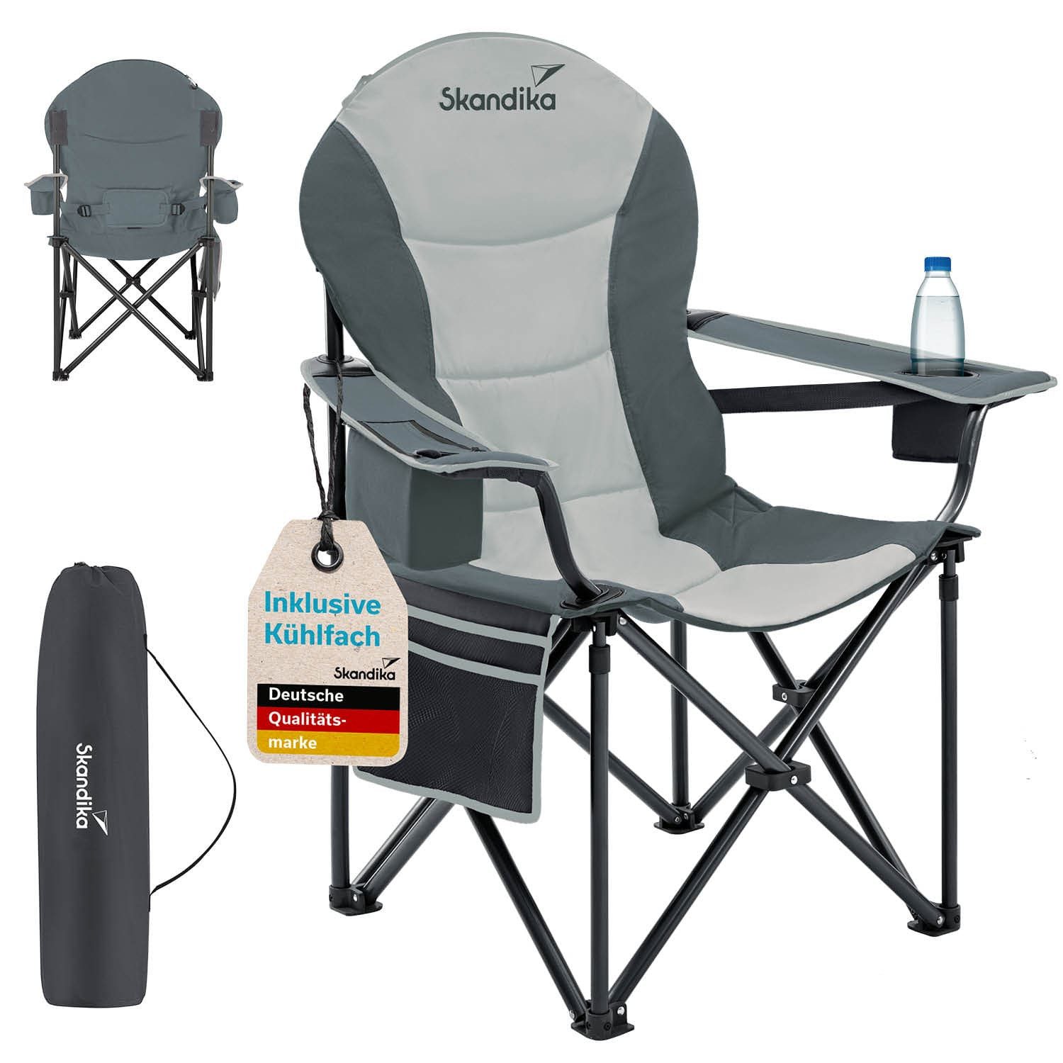 Skandika Campingstuhl Relax Comfort, Klappstuhl, Faltsessel, Anglerstuhl, Gartenstuhl (Max. Nutzergewicht 160 kg, Reißverschlussfach im Kopfteil, Tragetasche), Getränkehalter, Kühlfach, Seitentasche, Polsterfach, breite Sitzfläche