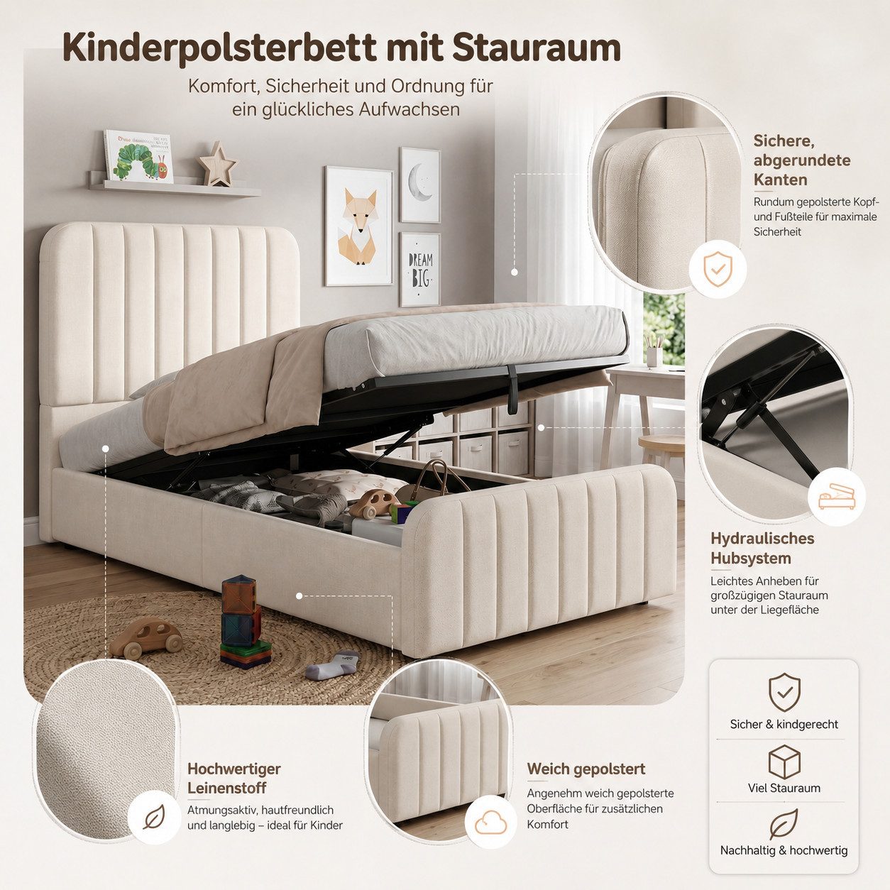 Flieks Polsterbett, Einzelbett Kinderbett 90x200cm mit hydraulischem Stauraum