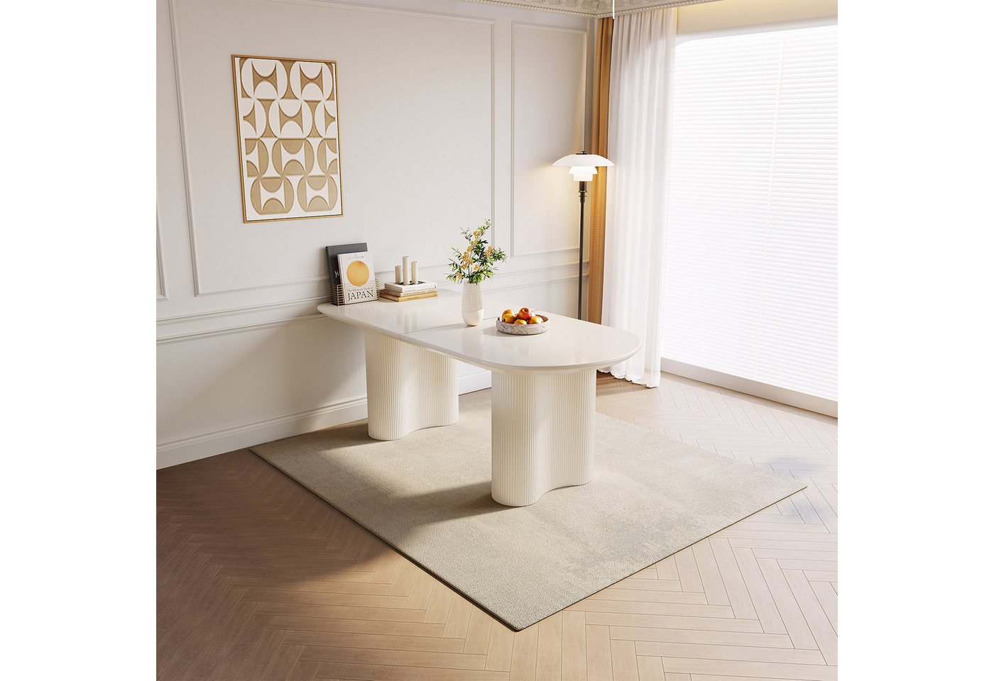 Guyii Esstisch mit abgerundeten Ecken – 160 cm lang, Weißer Küchentisch (1-St), modern & stabil – Säulenbeine, Platz für 4–6 Personen
