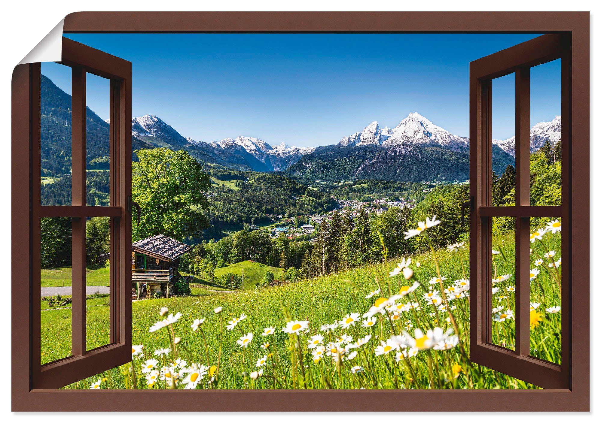 Artland Wandbild Fensterblick Bayerischen Alpen, (1 Wandaufkleber Poster Alubild, Berge Leinwandbild, versch. als in St), Größen oder