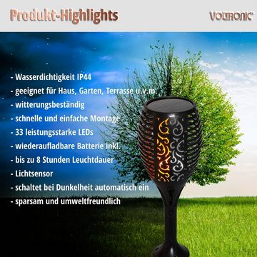 VOLTRONIC LED Gartenfackel Solar Fackel Gartenfackeln Wegeleuchte, lichtsensor, Solarmodul, LED fest integriert, Warmweiß, 33 LEDs, Flammeneffekt, Erdspieß, 2er oder 4er Set