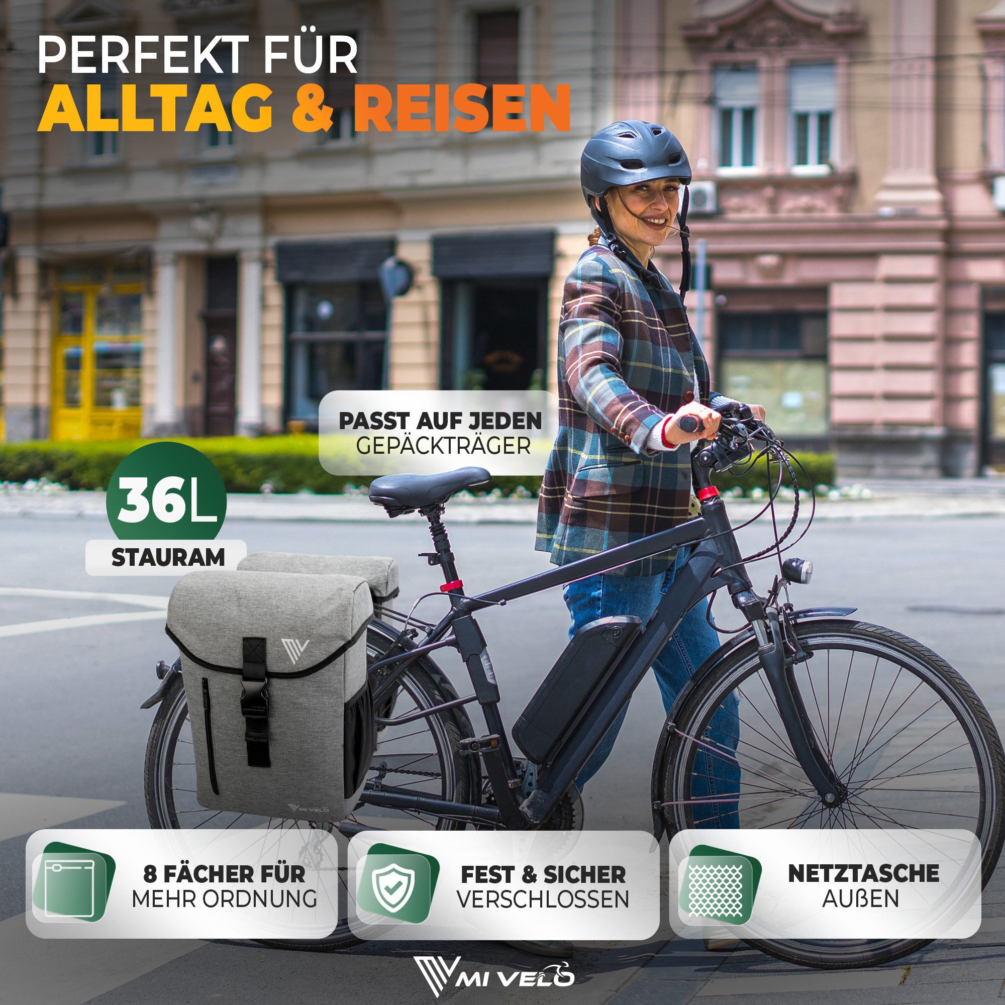 MIVELO Fahrradtasche Fahrrad Gepäckträgertasche Doppeltasche 36L inkl. Regenschutzhülle, Recyceltes Polyester