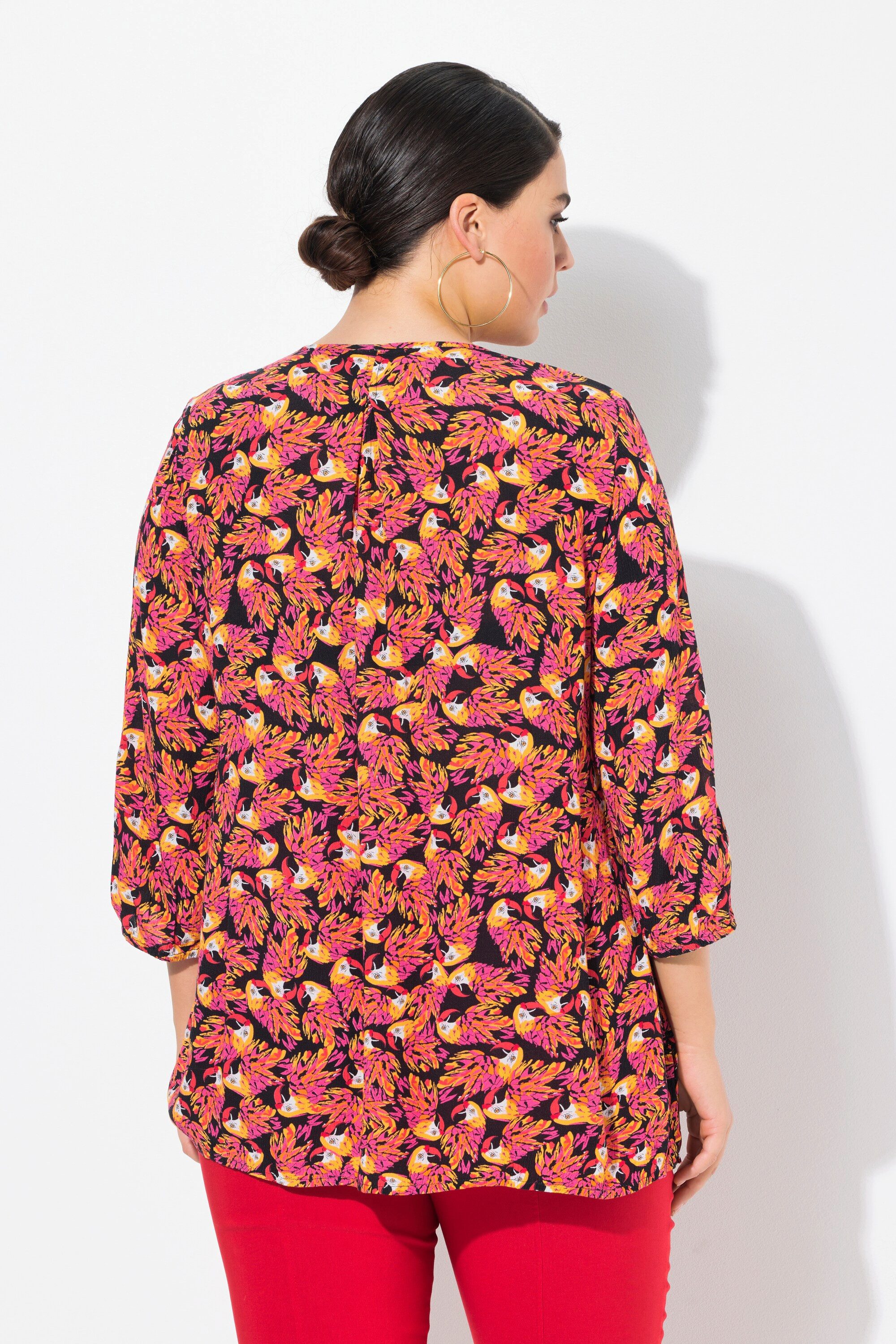 Ulla Popken Tunika Smok-Bluse Patchdruck A-Linie Rundhals 3/4-Arm