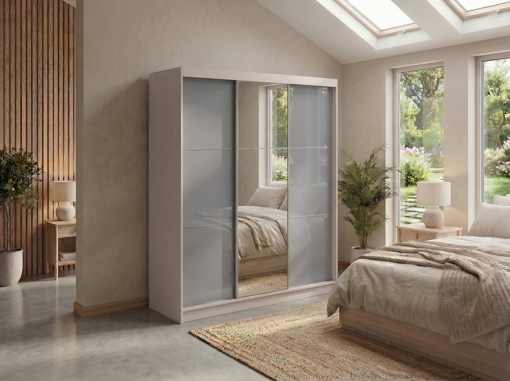 MKS MÖBEL Schiebetürenschrank WALENCJA 180 (Kleiderschrank mit Spiegel und Lacobel, Schubladen, Schwebetürenschrank) Kleiderschrank mit Stauraum, 216 cm hoch, 61 cm tief