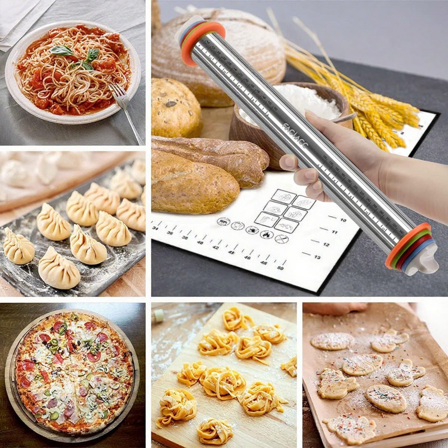 SURFOU Nudelholz Edelstahl Einstellbares 1 Teigroller 1 Silikon Backmatte, für Pizza Kekse Pfannkuchen Pasta Backen Utensilie – Bild 5 von 5