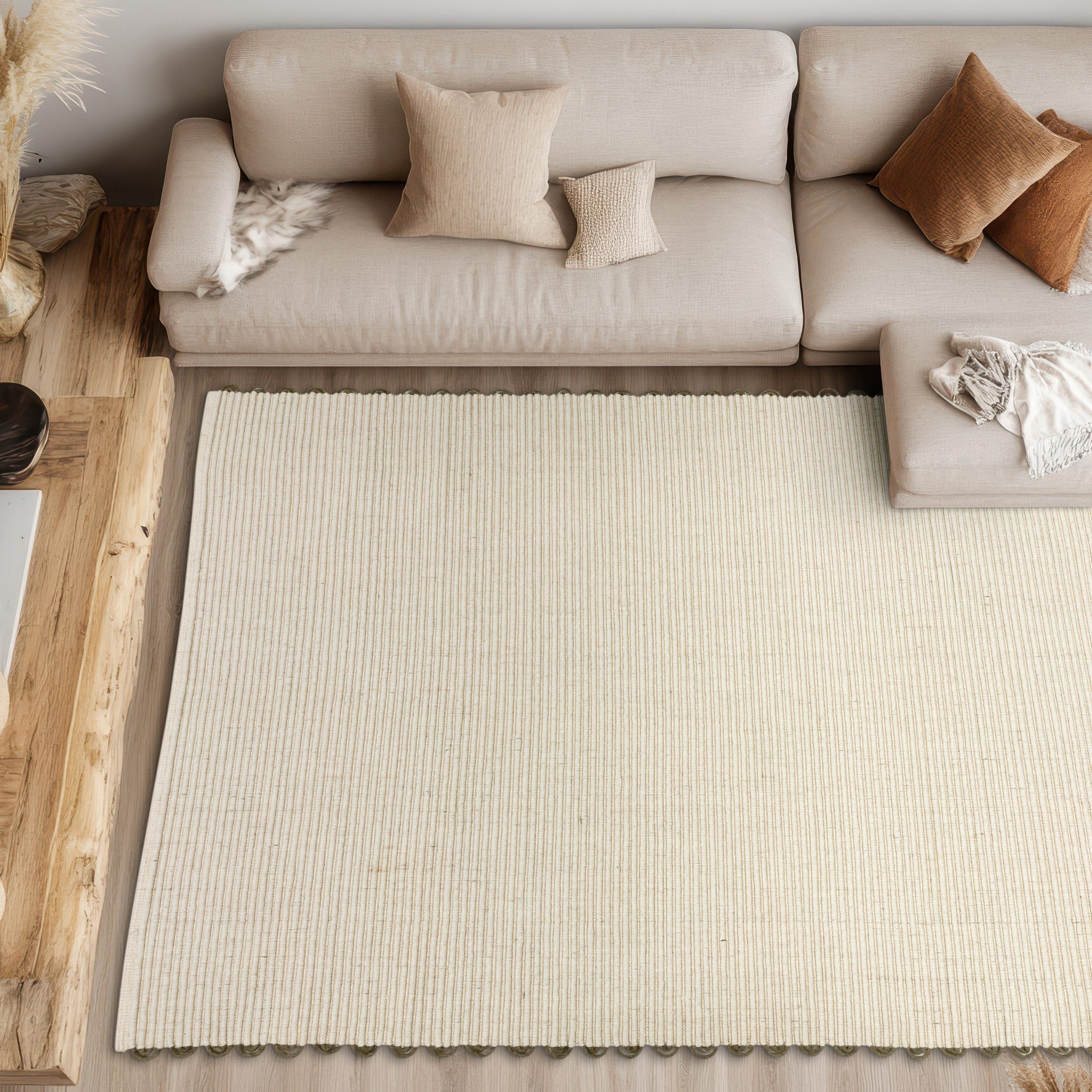 SCHÖNER WOHNEN-Kollektion Wollteppich Omira, rechteckig, Höhe: 7 mm, reine Wolle, Linien, dekorative Häkelkante, Wohnzimmer