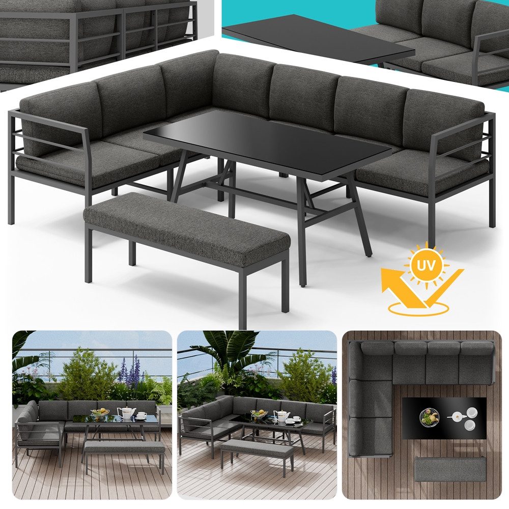 Melko Garten-Essgruppe Essgarnitur Aluminium Glastisch Sitzbank günstig online kaufen