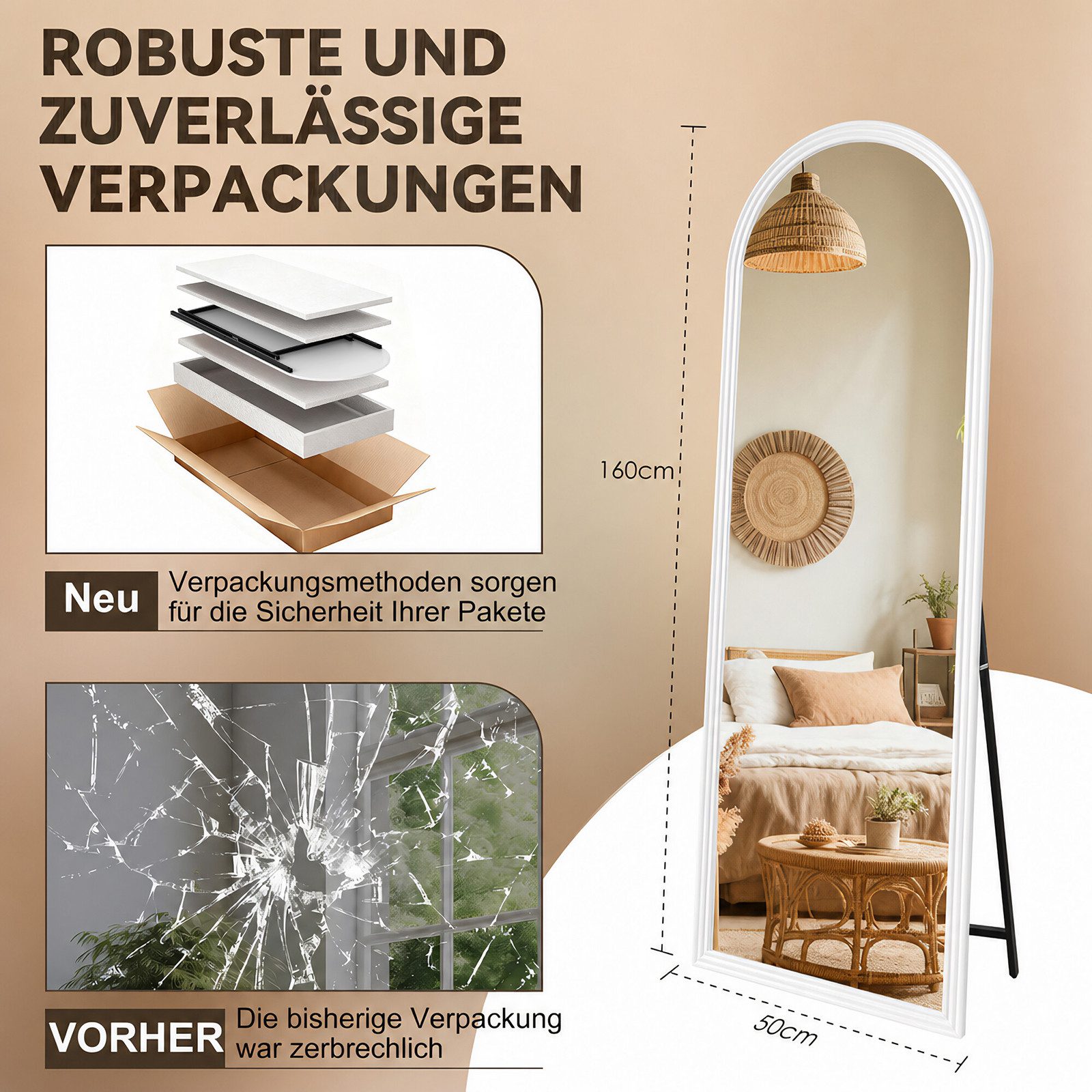 BBWL Ganzkörperspiegel 160 x 50 cm, Großer Standspiegel, mit stabilem Standfuß, Holzrahmen in Bogenform,HD Spiegelglas, stabiler Rahmen – Bild 3 von 5