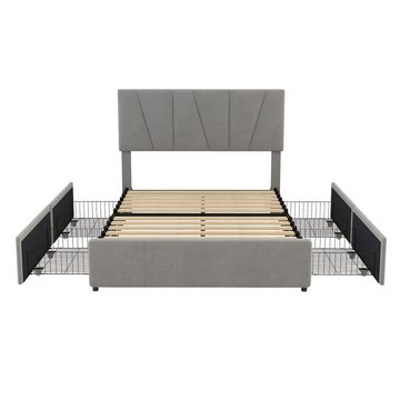WISHDOR Polsterbett Doppelbett Stauraumbett Bett mit Lattenrost (140*200cm)ohne Matratze), mit vier Schubladen auf zwei Seiten, Verstellbares Kopfteil