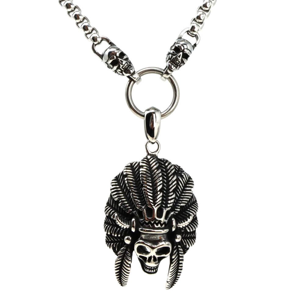 Kette mit Anhänger Halskette Edelstahlkette 316L MASSIV FEDERSKULL 05-02