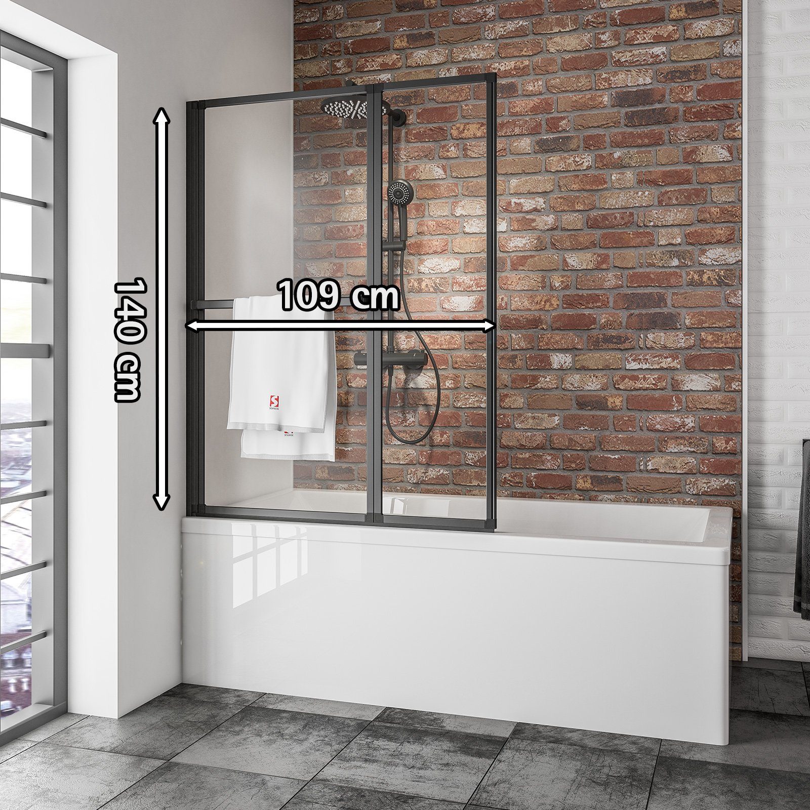 Schulte Badewannenfaltwand Black Style 110 x 140 cm, Sicherheitsglas, (2 tlg), Klar Schwarz