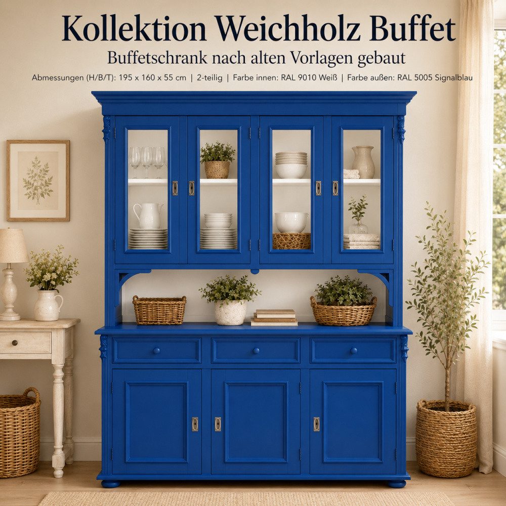 Wohnpalast Buffet Buffetschrank Landhaus Blau/weiß 160 cm aus massivem Weichholz Vitrine