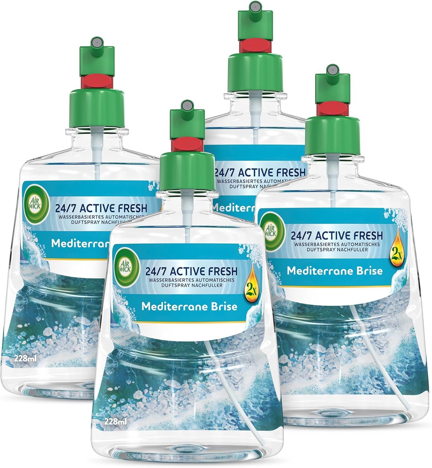 Air Wick Raumduft-Nachfüllflasche 4x Air Wick Active Fresh – Mediterrane Brise 228 ml Nachfüller (4-St), Aeorosolfreier, automatischer Lufterfrischer