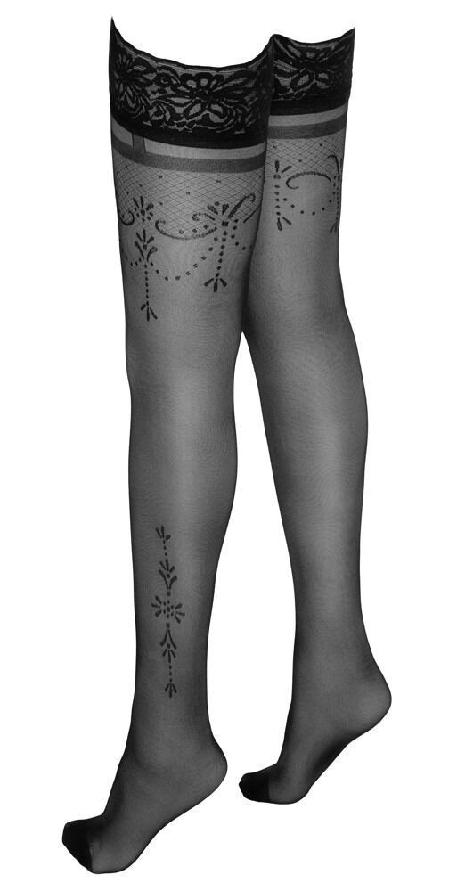 Cottelli LEGWEAR Halterlose Strümpfe Halterlose Strümpfe mit Muster Silikonbund - schwarz (1-Paar) Innen mit rutschfestem Silikonband – Bild 5 von 5