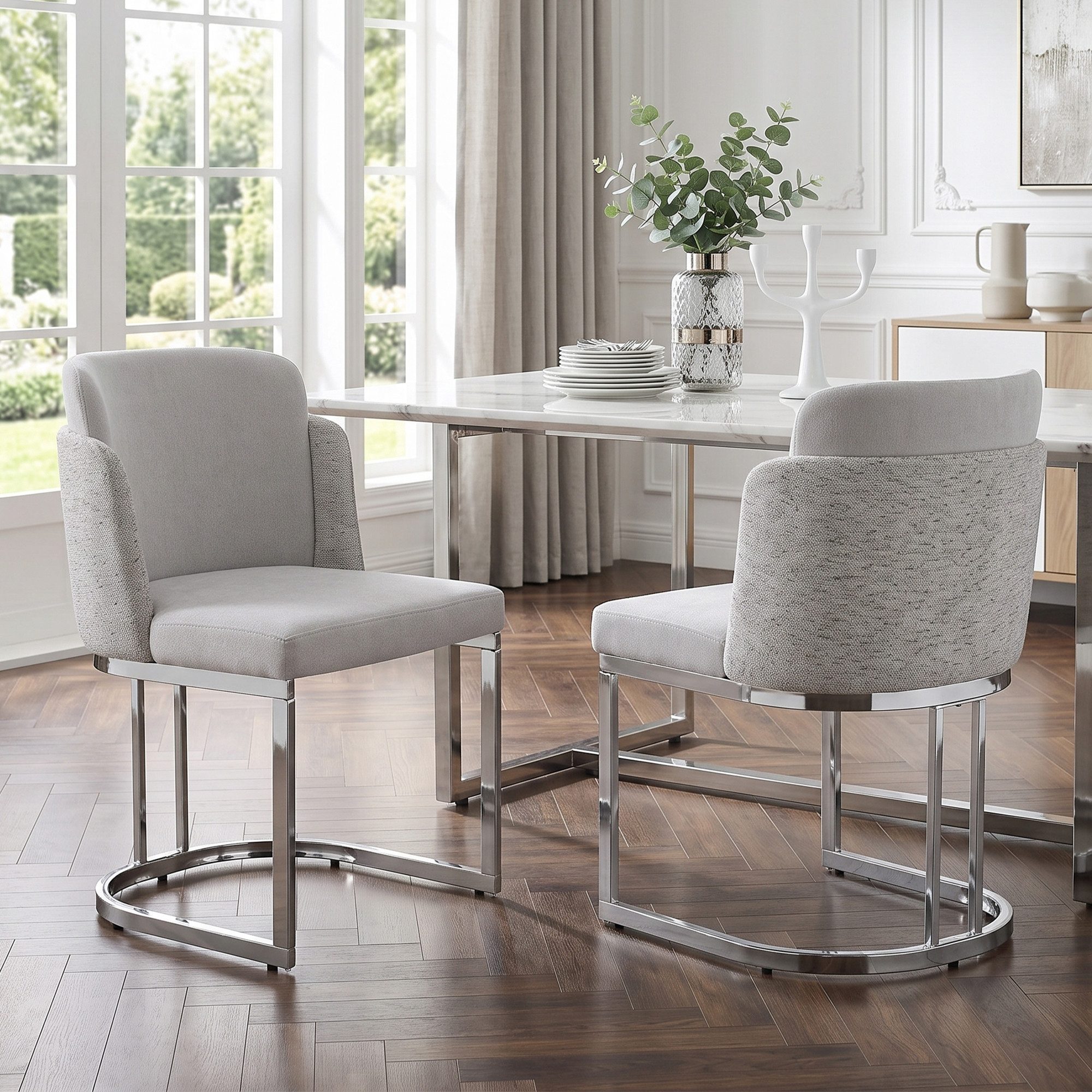 Flieks Freischwinger Bezug aus Chenille-Stoff, galvanisierte Metallbeine (mit verstellbaren Fußpolstern, Set, 2 St), 2er Set Esszimmerstühle Polsterstühle mit doppelter Rückenlehne Beige