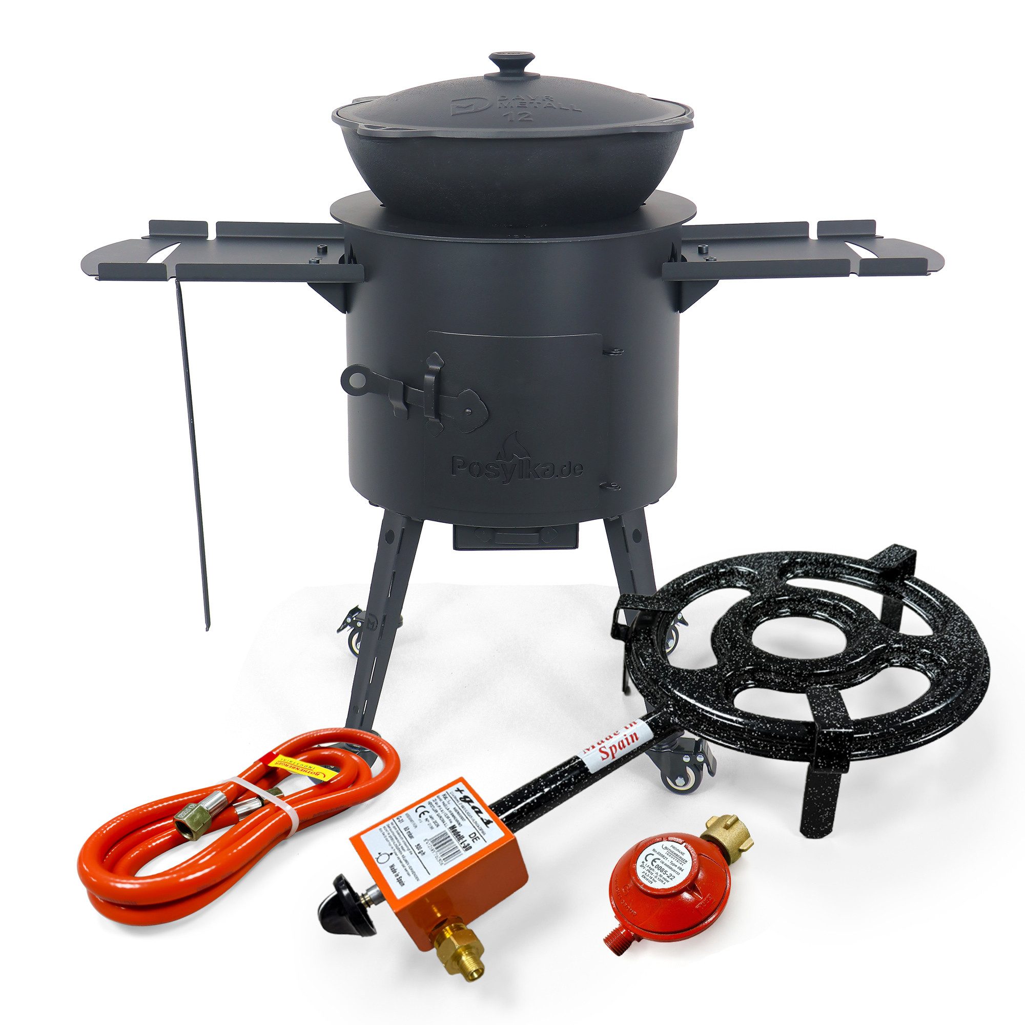 Feuerstelle Kochofen Ø 40 cm Set Kasan 12 L flach Rollen Ofenplatte Ablagetische, (11-St)