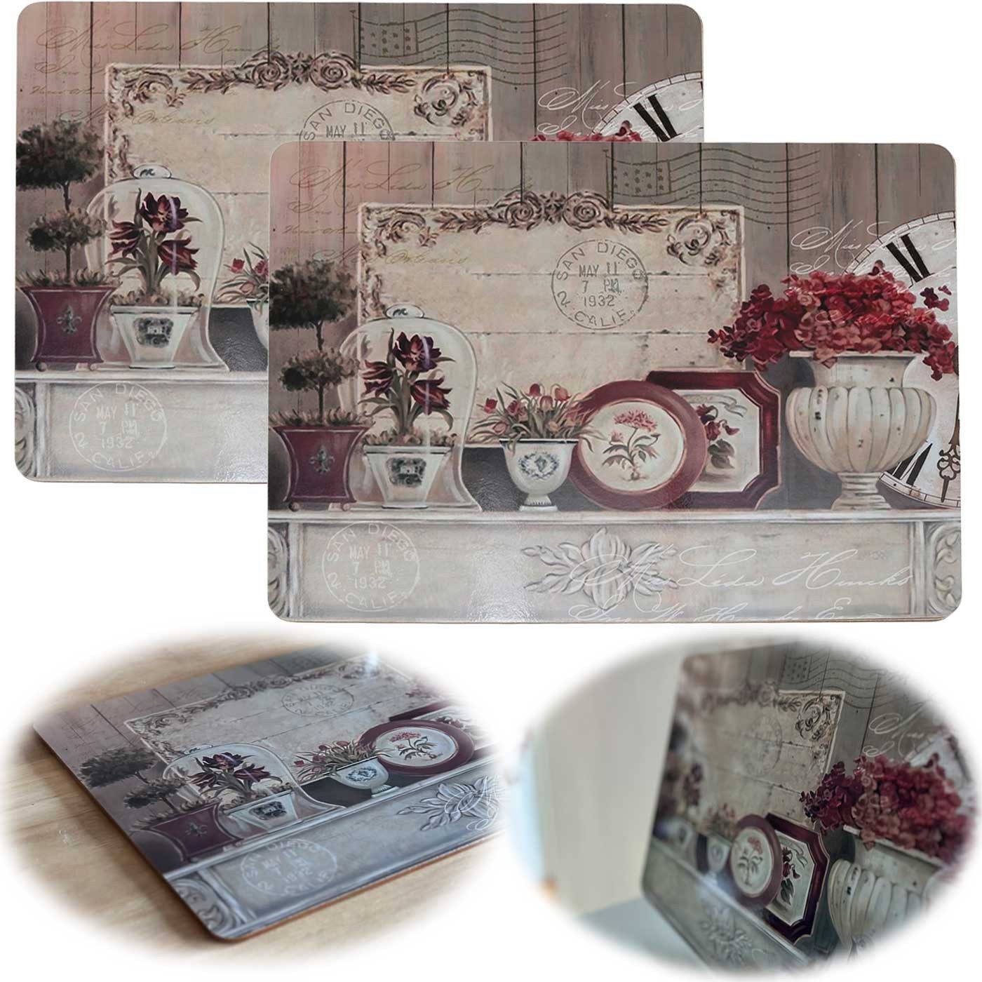 LS-LebenStil Platzset 2x Kork Tischset Platzset Vintage Blumen 40x30cm abwaschbar Rechteck, (Platzmatte abwaschbar Korkunterseite, 2-St., Placemate Tisch Untersetzer Unterlage Teller Geschirr Vasen)
