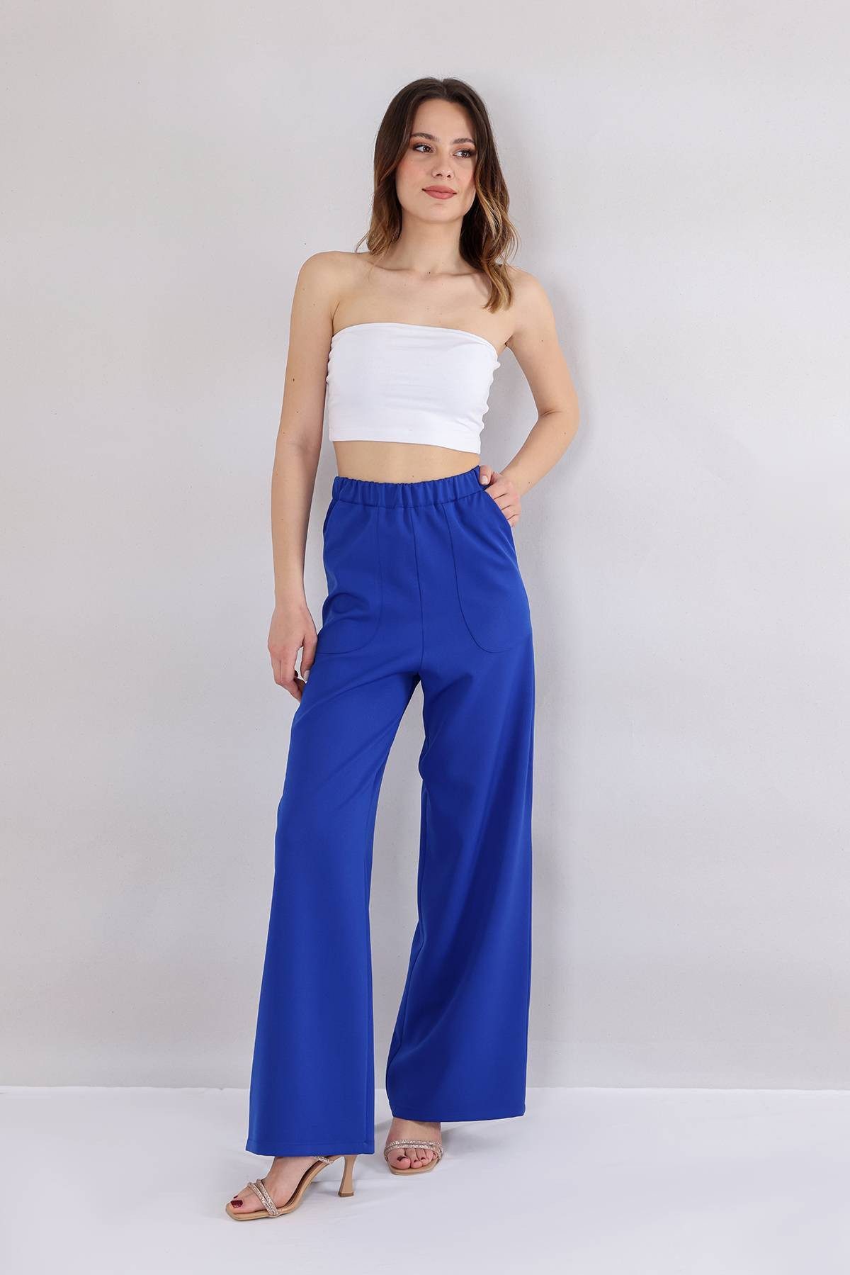 fashionshowcase Schlupfhose Schlupfhose Damen Hose High Waist – Weites Bein mit Taschendetail