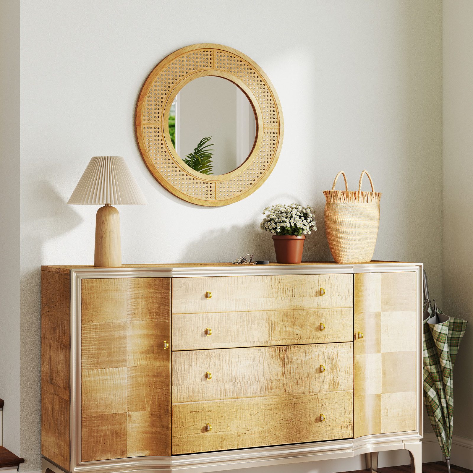 COSTWAY Wandspiegel, ∅ 65cm mit Holzrahmen, Aluminiumglas & Haken