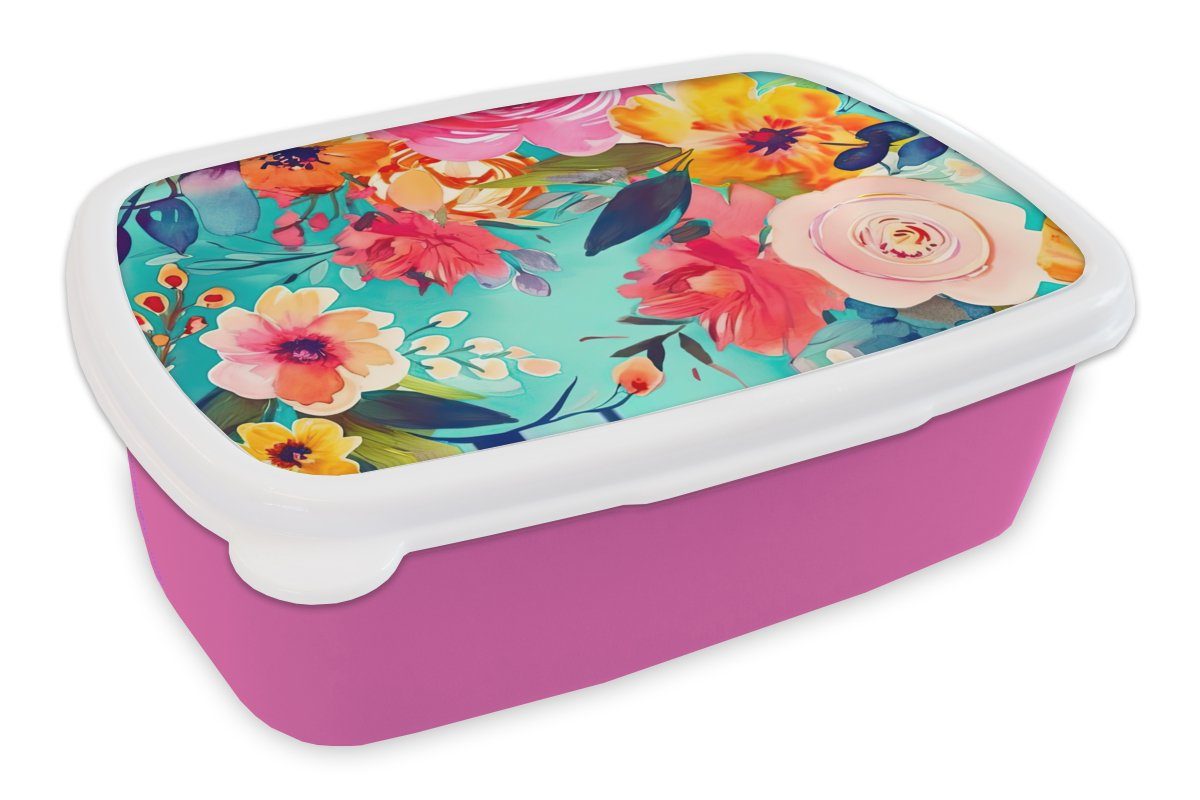 MuchoWow Lunchbox Blumen - Ölfarben - Natur, Kunststoff, (2-tlg), Brotbox für Erwachsene, Brotdose Kinder, Snackbox, Mädchen, Kunststoff rosa