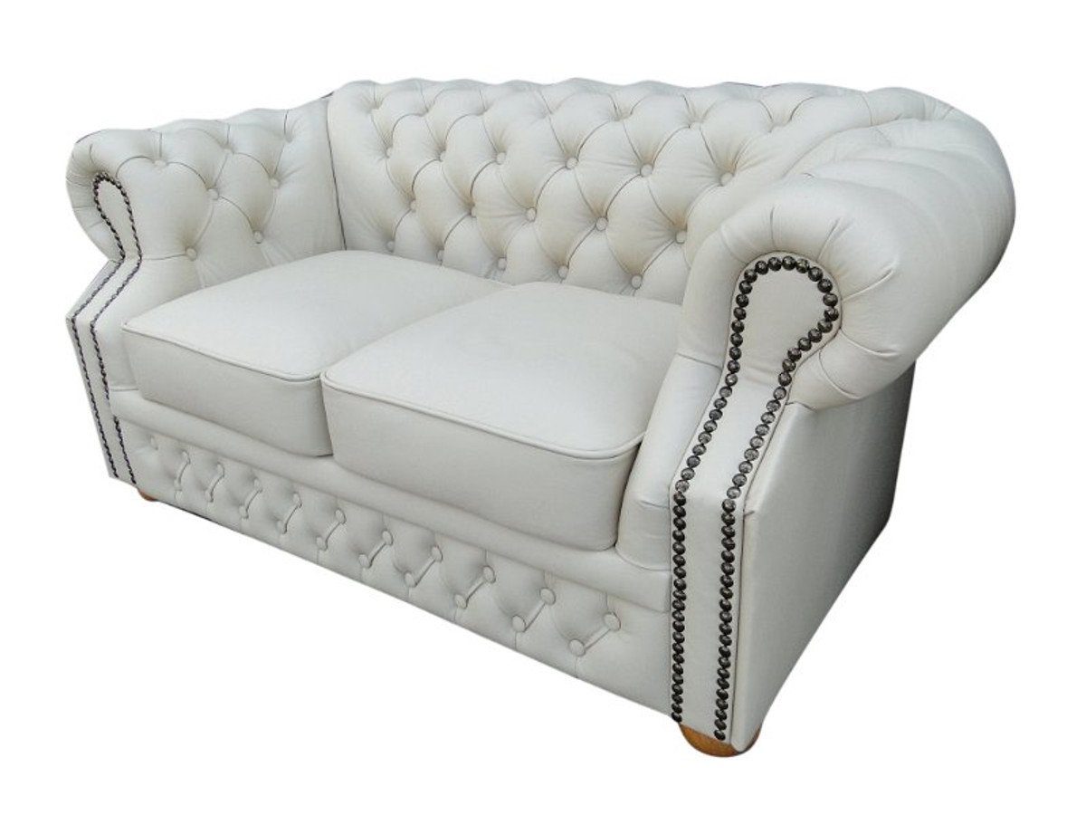 Casa Padrino 2-Sitzer Echtleder 2er Sofa Weiß 160 x 90 x H. 78 cm - Chesterfield Möbel
