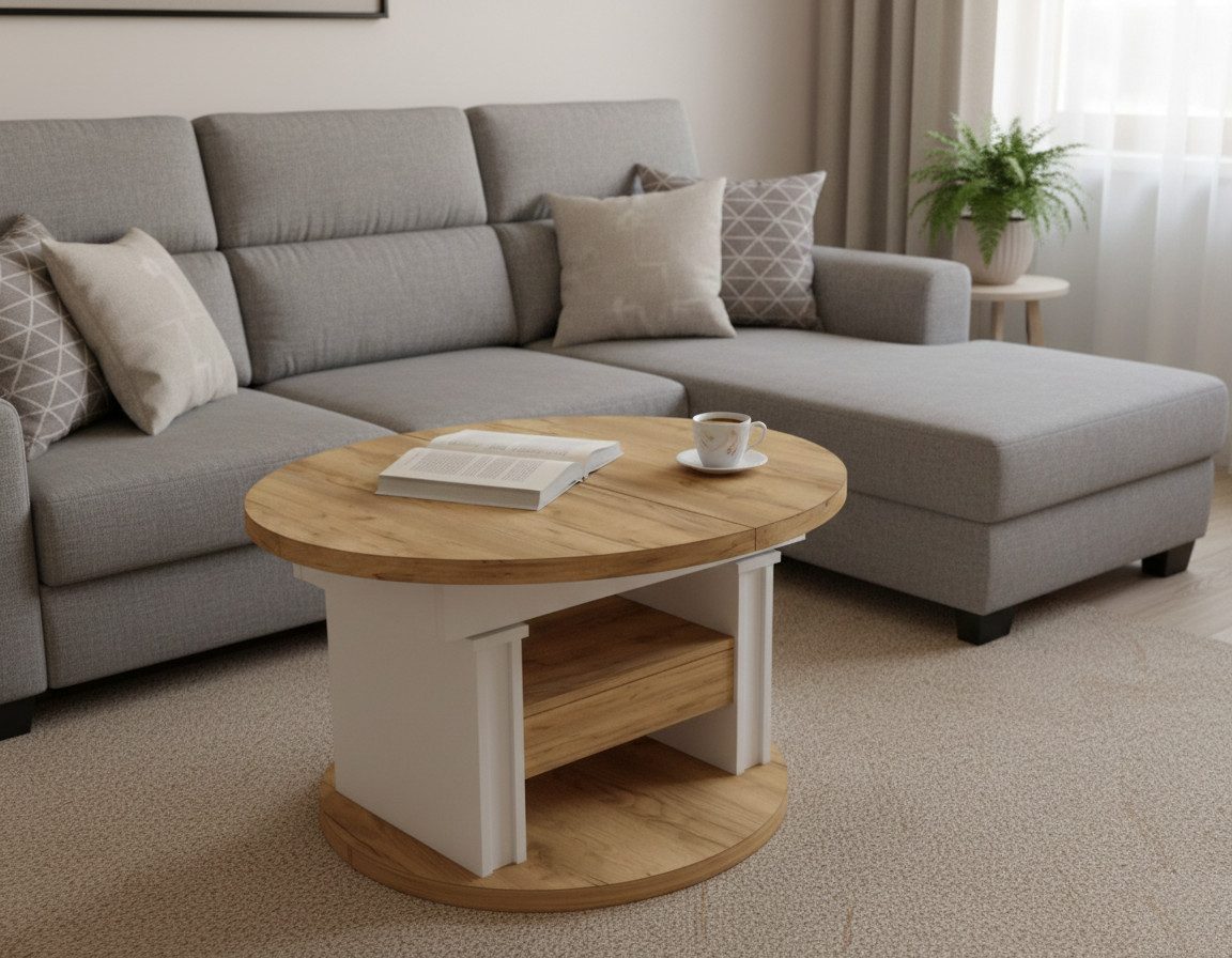 designimpex Couchtisch DA-999 rund ausziehbar höhenverstellbar mit Schublade Wohnzimmer Tisch, Funktionstisch, Wohnzimmertisch, Tisch, Esstisch, Sofatisch