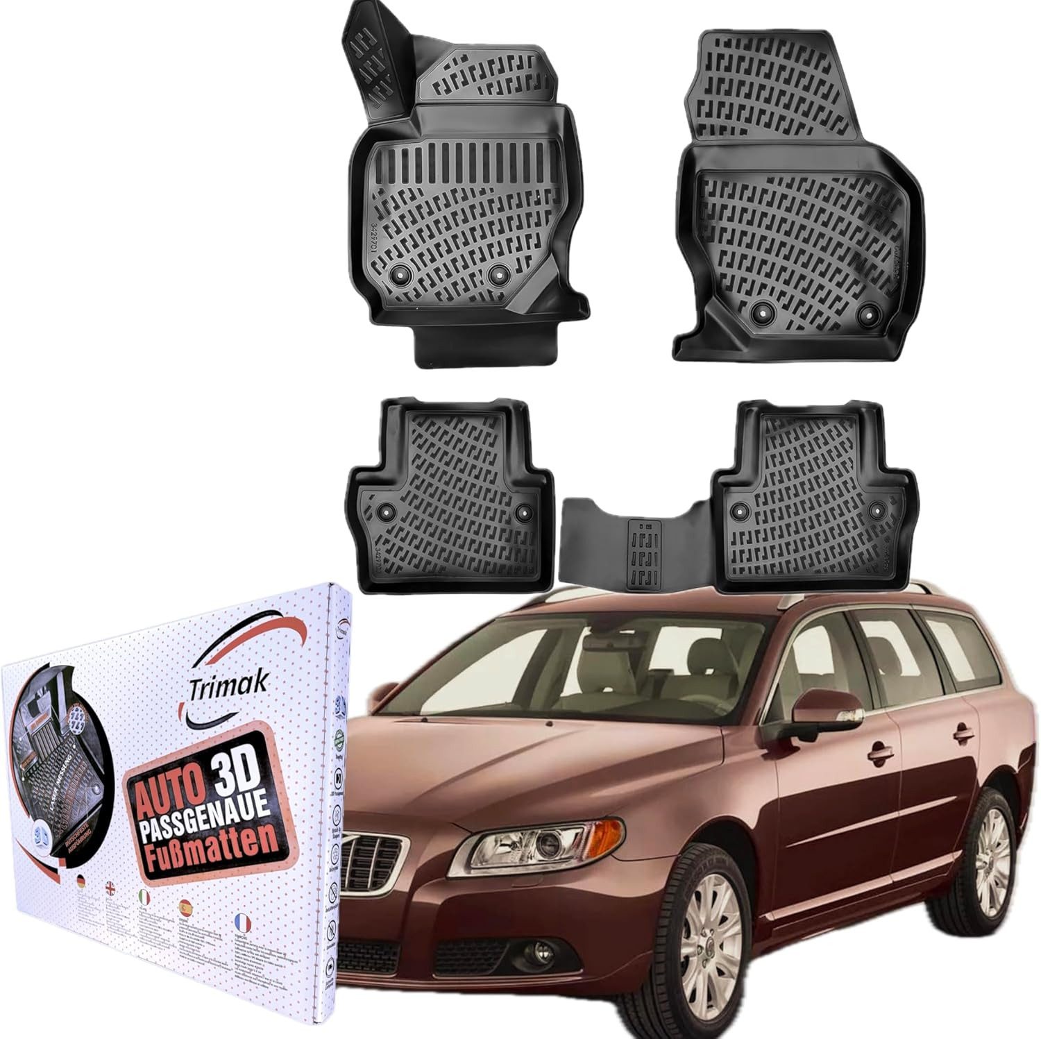 Trimak Passform-Fußmatten Kompatibel mit Volvo V70 Typ B 3. Gen. 2007-2016 3D Auto Gummimatten, Volvo V70 Typ B 2007-2016 Gummimatten Auto TPE Allwetter Fussmatten