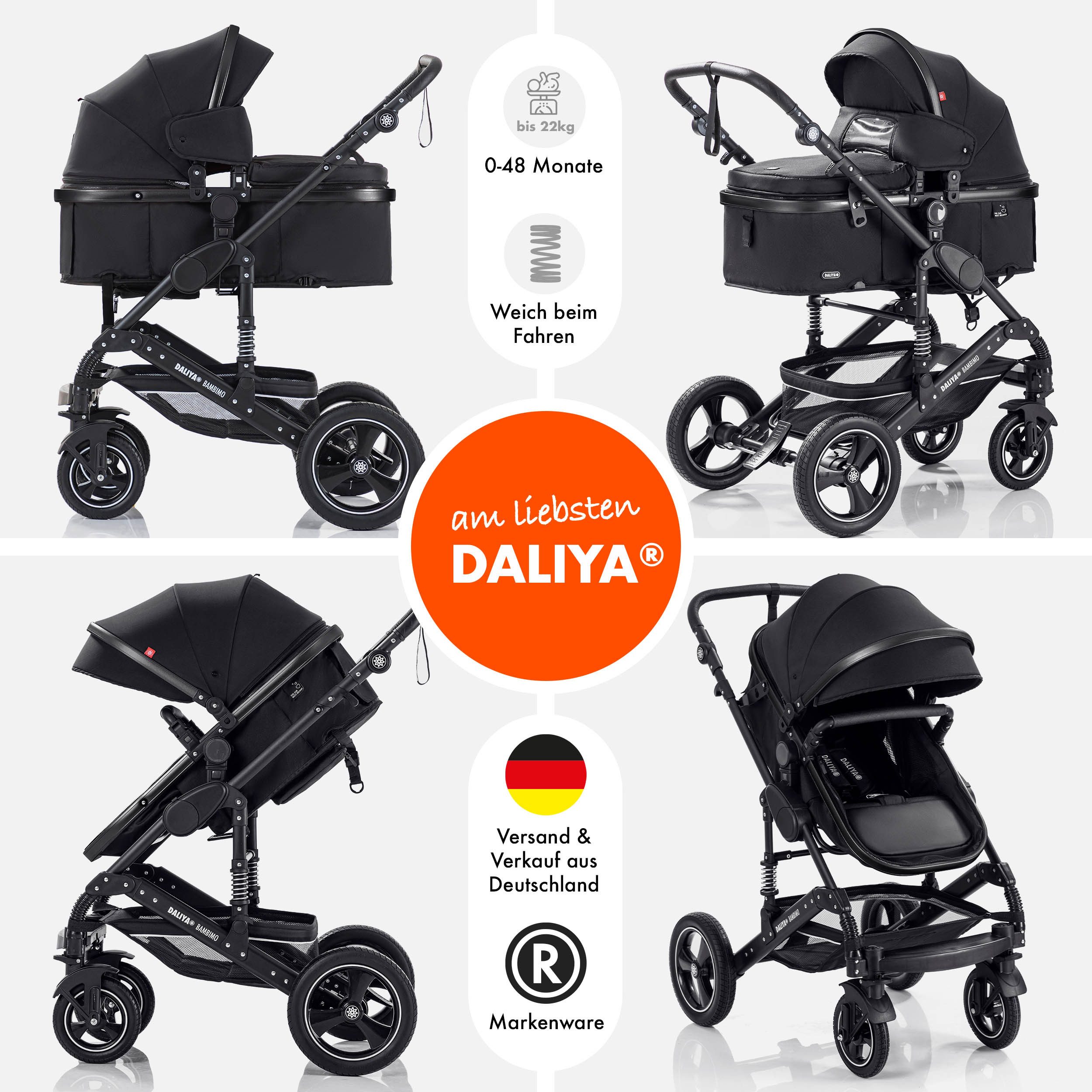 Daliya® Kombi-Kinderwagen BAMBIMO 2in1 Kinderwagen & Buggy, Babywanne und Sportsitz, Alu-Rahmen, (Grundausstattung für Babys, 9-tlg), Großer Einkaufskorb, Federung, weiche Matratze, Belüftungssystem