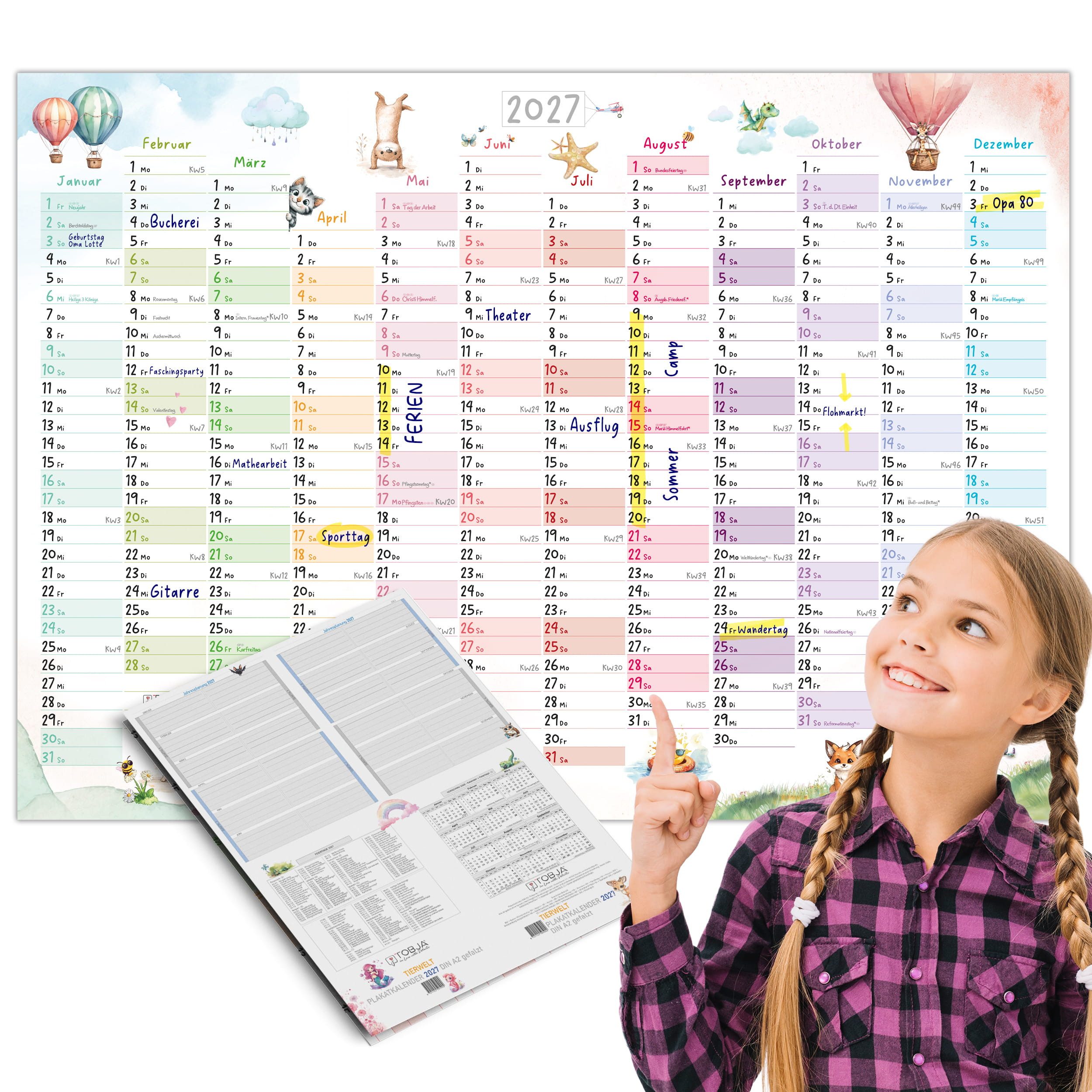 TOBJA Wandkalender Wandkalender 2027 A2 Tierwelt Aquarell – Jahresplaner Kinder, Aquarell-Tiere, KW, Rückseite mit Feiertagen 11 Länder