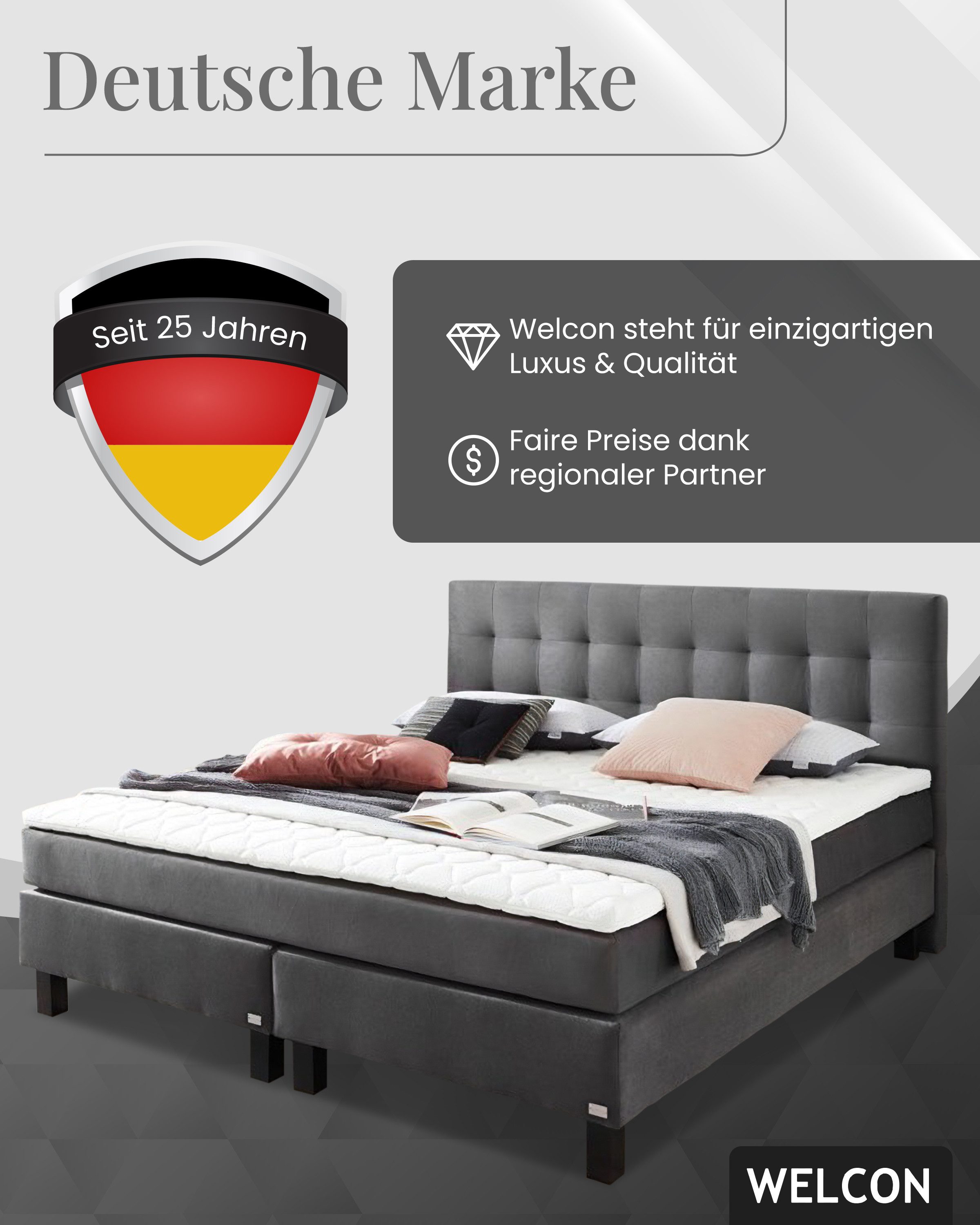 WELCON Boxspringbett ROCKSTAR Bett 180x200 cm Samt hellgrau oder dunkelgrau, H2 oder H3