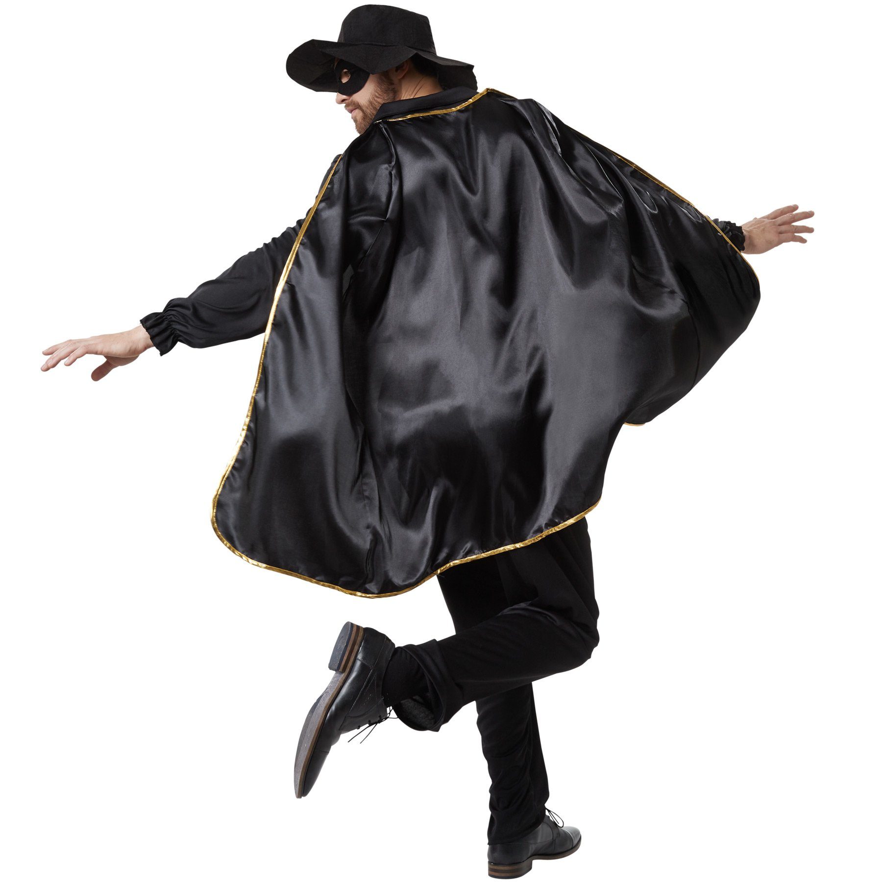 dressforfun Kostüm Held/Kämpfer, in schwarz, Gr. S, Lange Hose mit Kummerbund bindbar, Inkl. Cape, Maske und Hut, Kragen mit Schnürung und Rüschenmuster