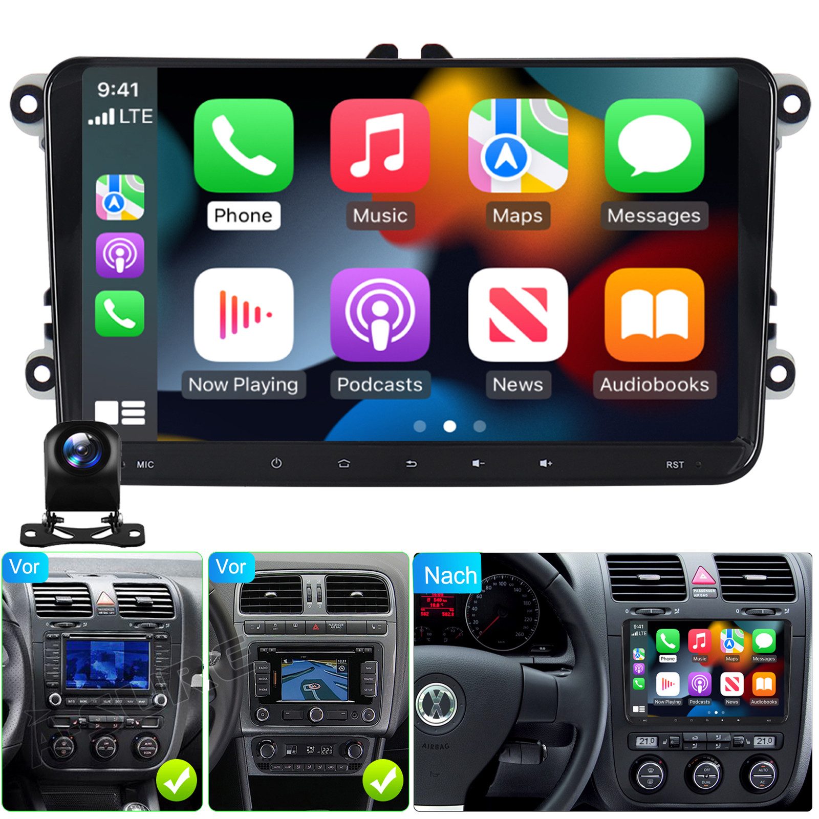 A-Sure Android 15 Carplay GPS Navi Für VW Golf 5 6 Passat Touran Caddy Jetta Autoradio (Digitalradio (DAB), RDS, FM, AM, 1280*720 Screen/4-Core CPU/2+64G/9 Zoll)