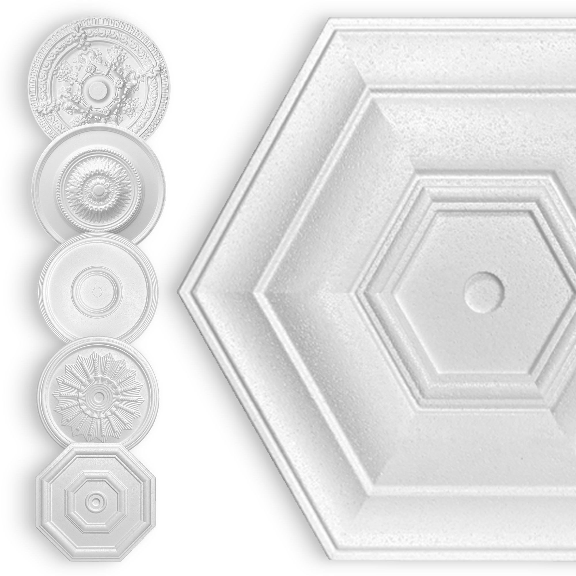 Hexim Wanddekoobjekt Sechseck-50cm (HEXIM Stuckrosette aus EPS Styropor weiß - Deckenrosette weiß, Zierelement, Stuck (Hexim) Wanddeko Wohnzimmer Decke Polystyrol)