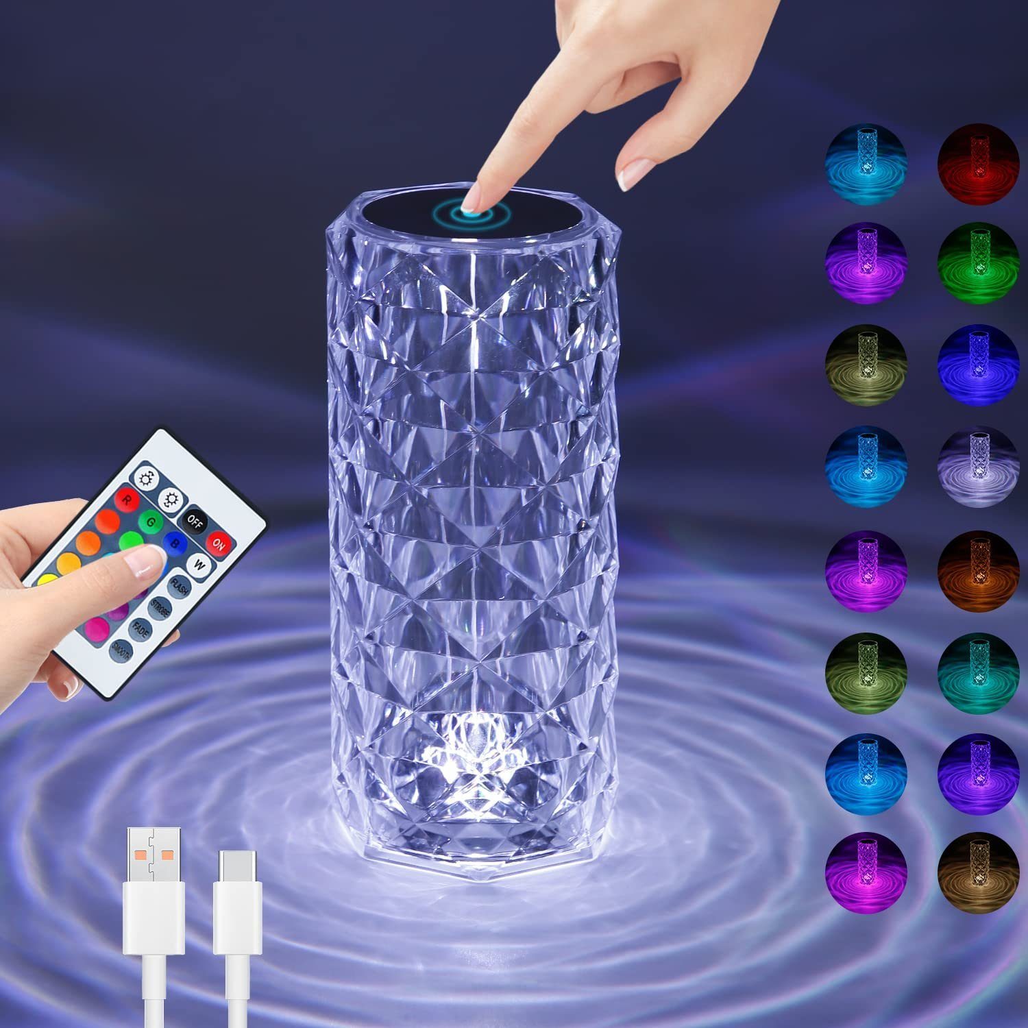 ZMH LED Tischleuchte Kristall Lampe Akku Tischleuchte dimmbar 16 Farben, LED fest integriert