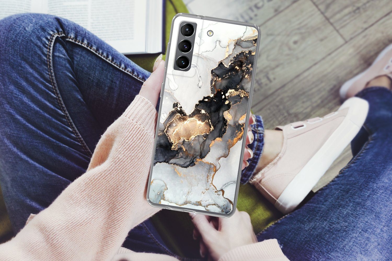 MuchoWow Handyhülle für Samsung Galaxy S21 Plus Marmor - Schwarz - Weiß - Gold - Luxus - A, Phone Case, Silikon, Schutzhülle Dünn