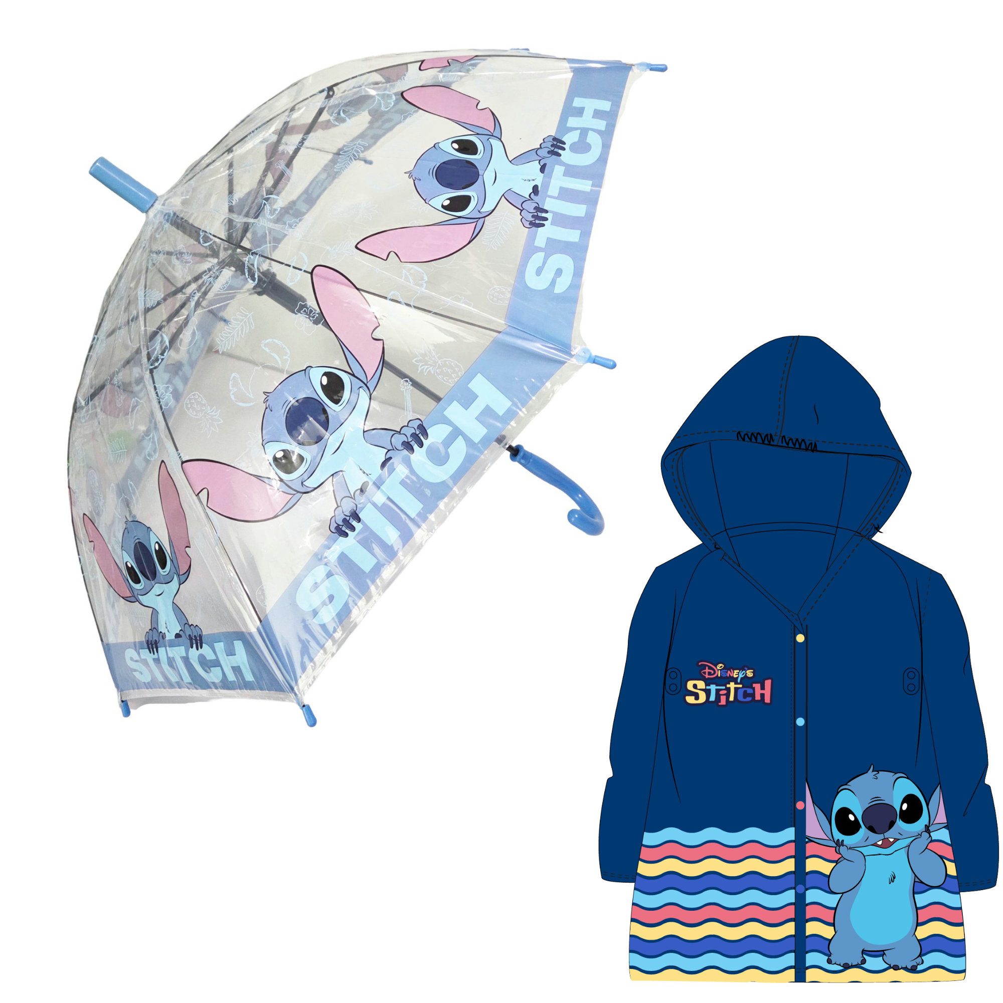 Disney Regenponcho Disney Lilo und Stitch Kinder 2 tlg. Set Regenschirm Regenponcho Gr. 98 bis 128