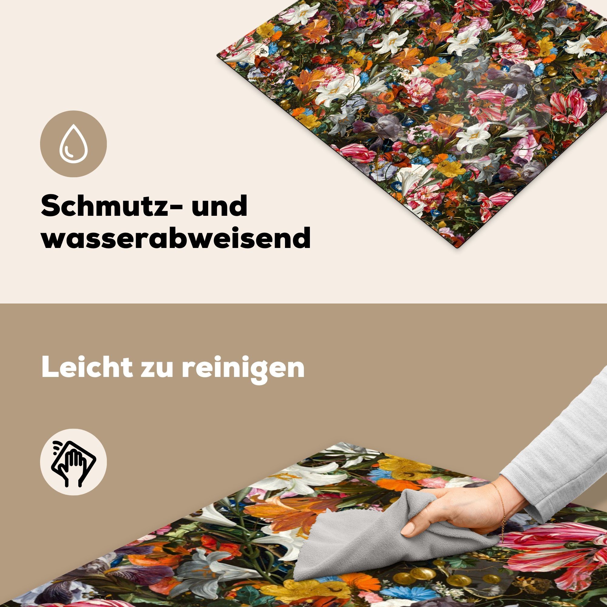 MuchoWow Herdblende-/Abdeckplatte 59x52 Malerei Vinyl, - Kunst - Blumen - für Abstrakt - (1 Induktionsmatte tlg), - cm, Ceranfeldabdeckung Design Schmetterling die - Alte, küche