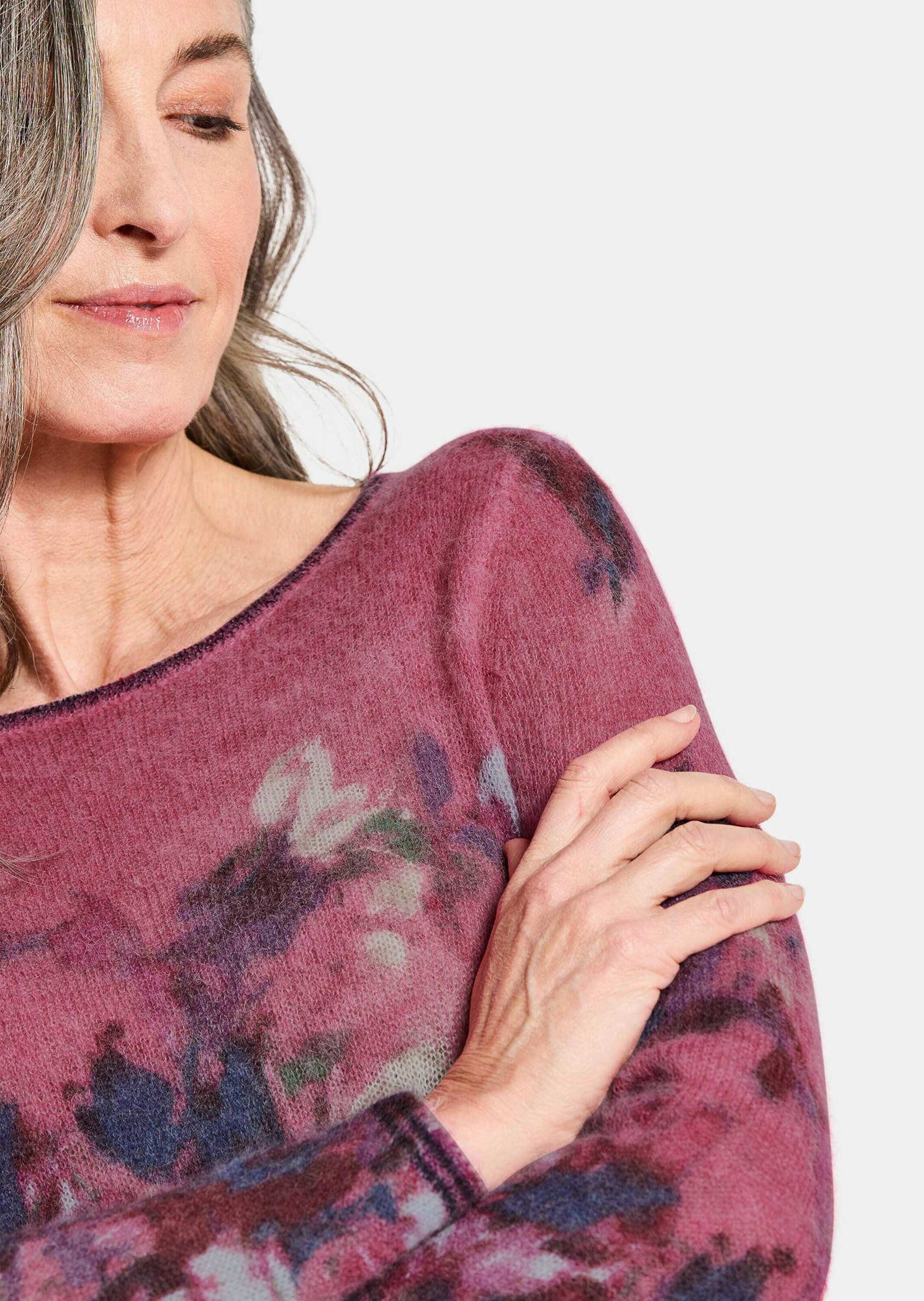 GOLDNER Strickpullover Wollpullover floral, U-Boot-Ausschnitt Strickpullover mit schmalen Säumen und langen Ärmeln