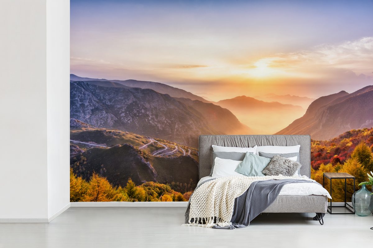 bedruckt, Licht Fototapete Vinyl - für Schlafzimmer, Wohnzimmer, - MuchoWow Landschaft, (6 Wallpaper Tapete Matt, St), Berge Kinderzimmer,