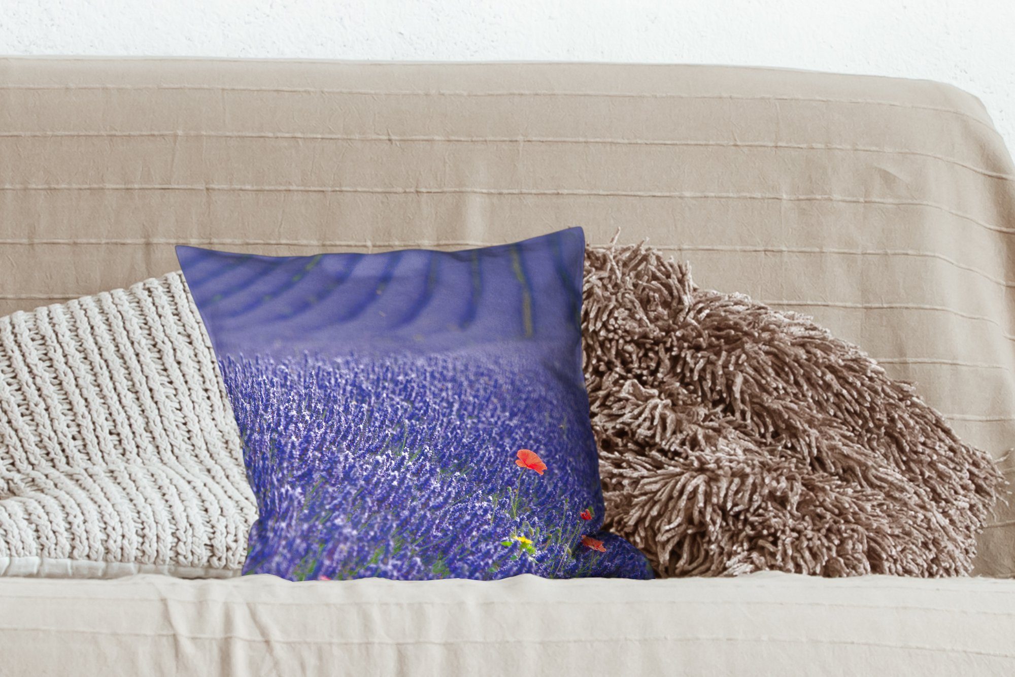 Schlafzimmer, mit Lavendel Dekokissen Deko, Blumenwiese, - Wohzimmer, Zierkissen Füllung für - Sofakissen MuchoWow Mohn