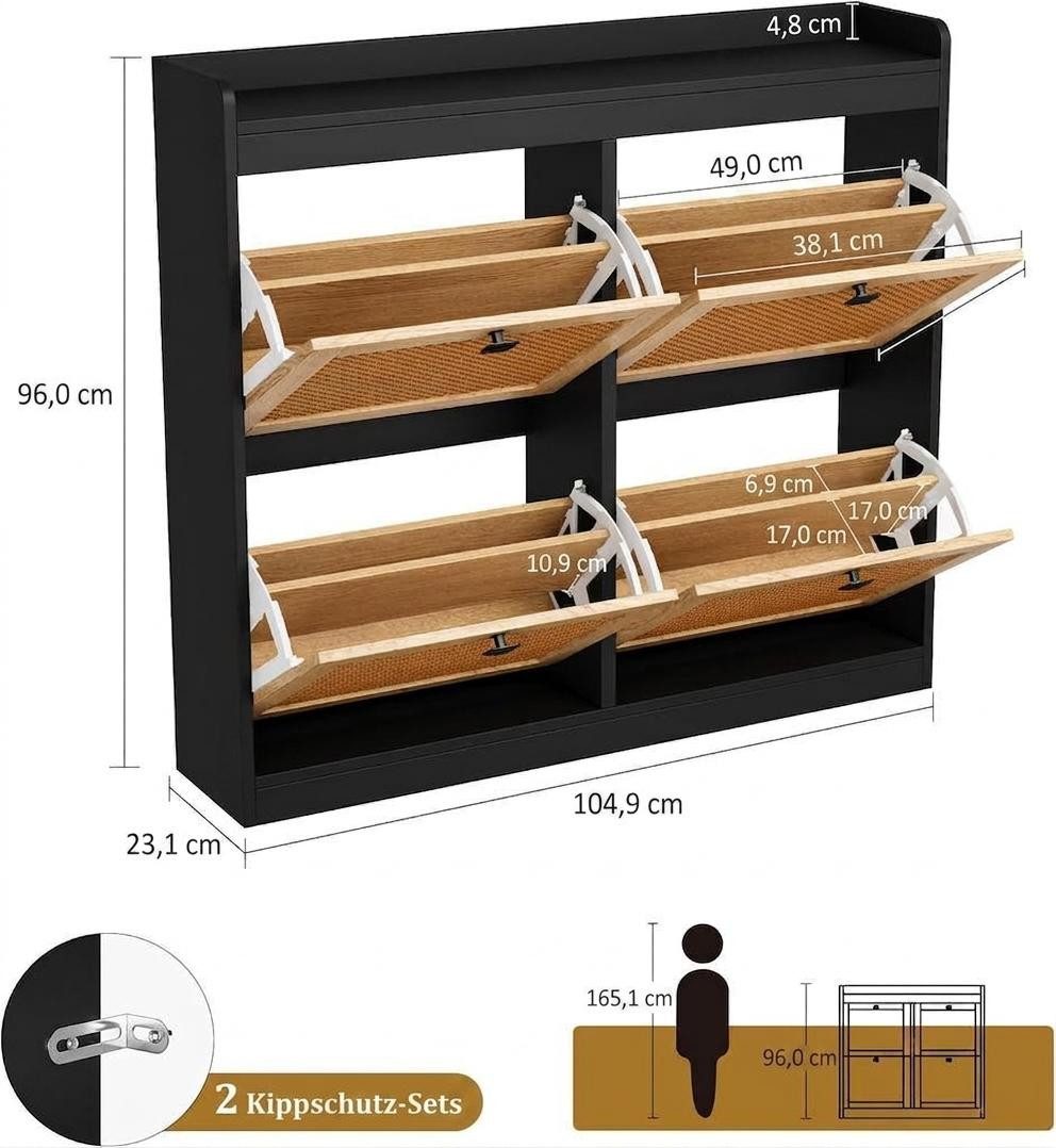 GarveeMore Schuhschrank aus Rattan mit 4 Klappschubladen für Eingangsbereich,Flur 105x23x96cm freistehender Schuhschrank aus Holz mit verstellbaren Einlegeböden – Bild 2 von 5