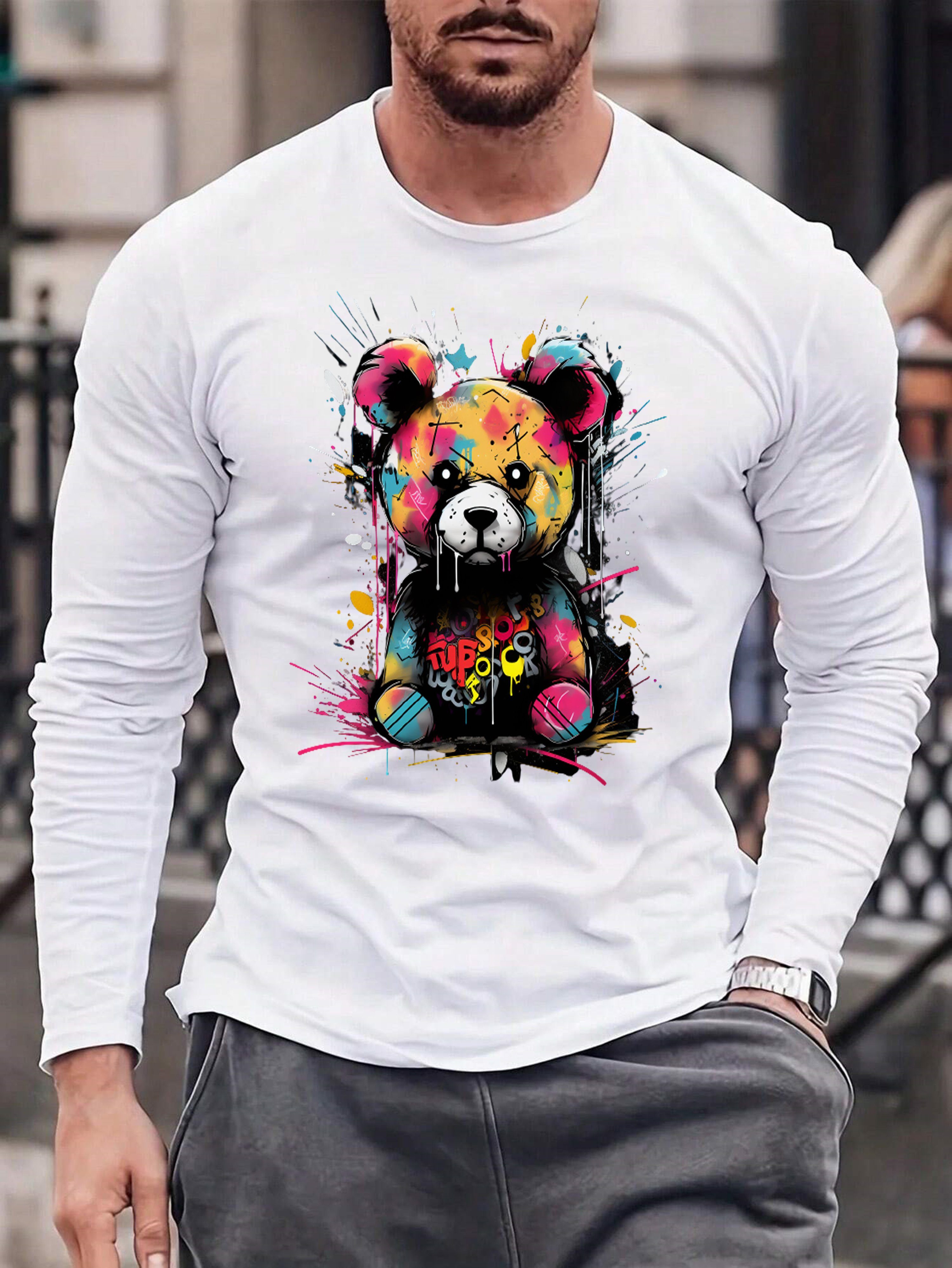 RMK Langarmshirt Herren Longsleeve Rundhals Basic Teddybär Bär aus Baumwolle, mit lizenziertem Print Weiß-Gelb (Groß, Mitte)