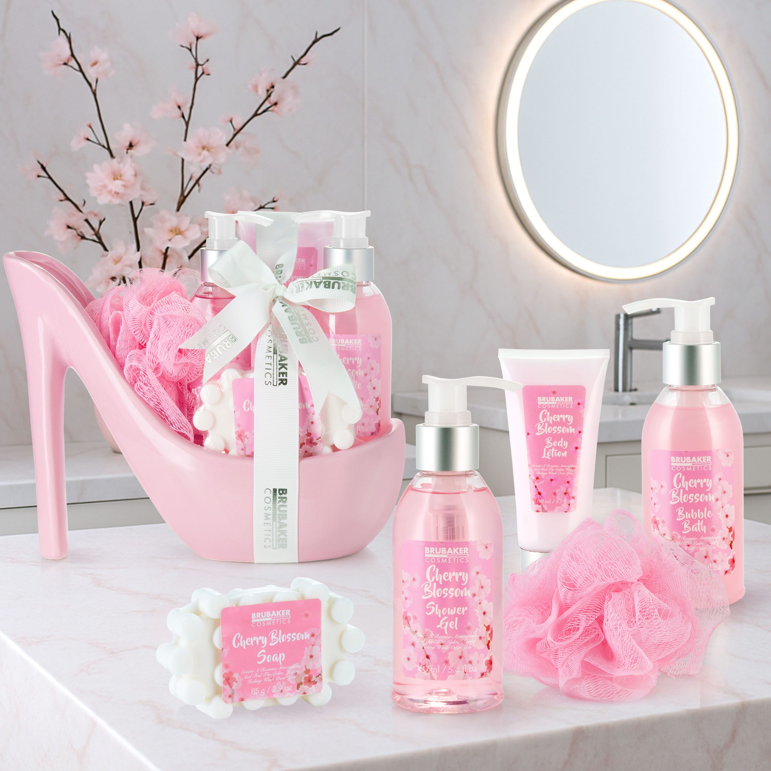BRUBAKER Pflege-Geschenkset Bade- und Dusch Set für Frauen, Damen Pflegeset Wellness, 6-tlg., Luxus Geschenkset in Keramik Stiletto, Badeset mit Kirschblüten Duft