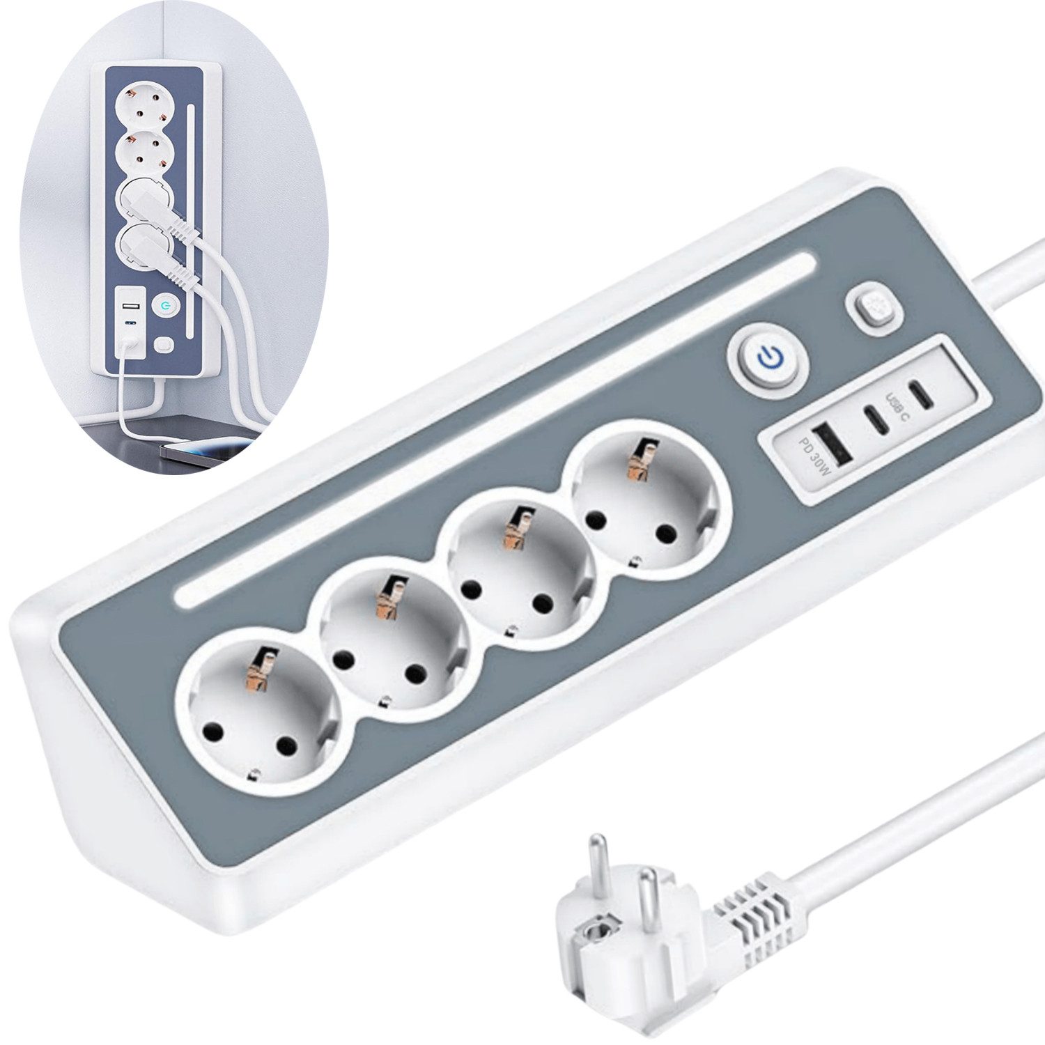 Forrlite Steckdosenleisten Eck-Steckdosenleiste PD-Schnellaufladung 7 Fach Mehrfachsteckdose (Ein- / Ausschalter, USB-Anschlüsse, Schalterbeleuchtung, 3680W 16A,USB PD 30W, Überspannungsschutz, Kurzschluss, Überladungs), mit USB, Type-C und LED Licht, für Küche Büro Schlafzimmer Wohnzimmer