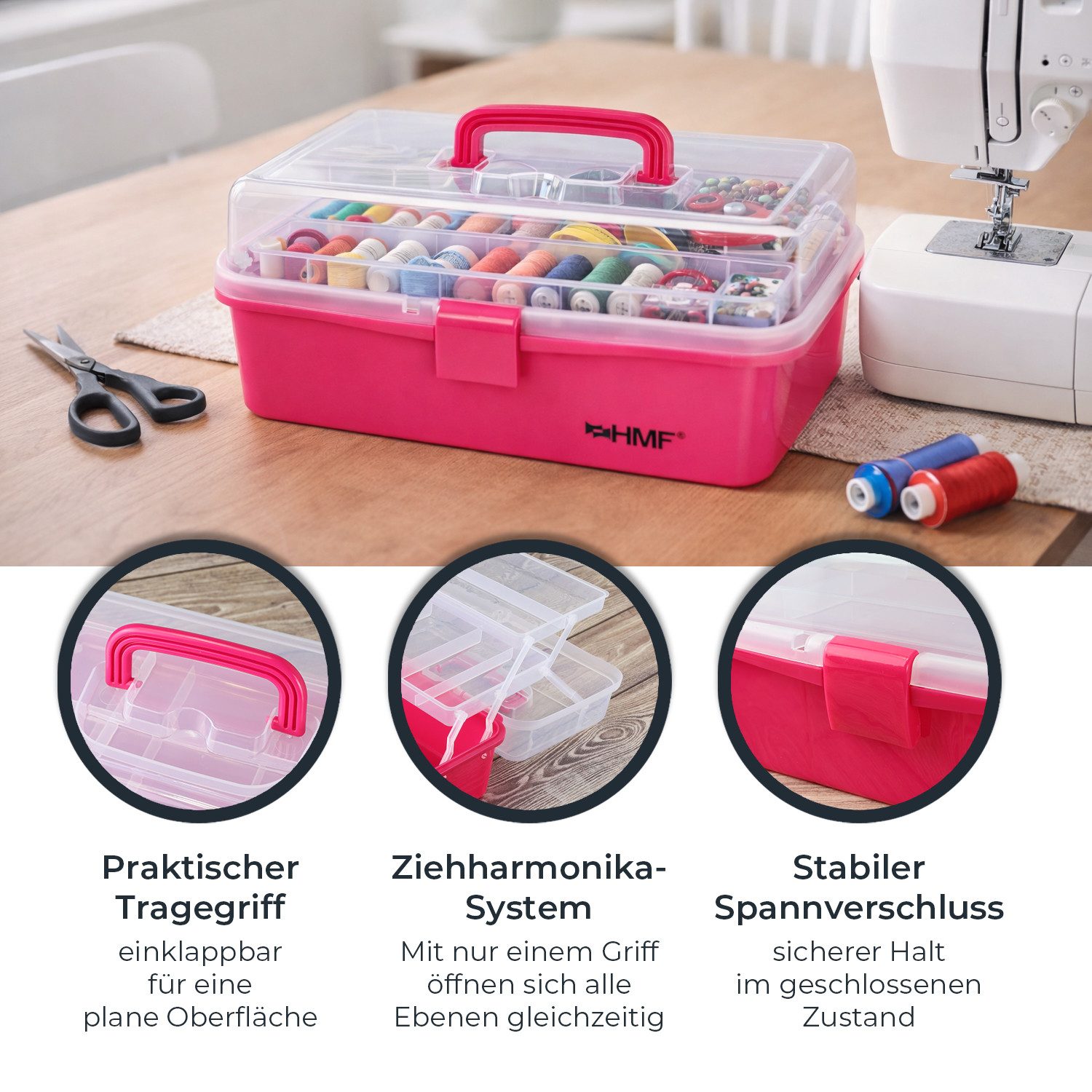 HMF Aufbewahrungsbox Nähkasten aufklappbar mit 3 Ebenen, Sortierbox mit 8 Fächern für, Kleinteile, 33 x 20 x 15 cm, Pink