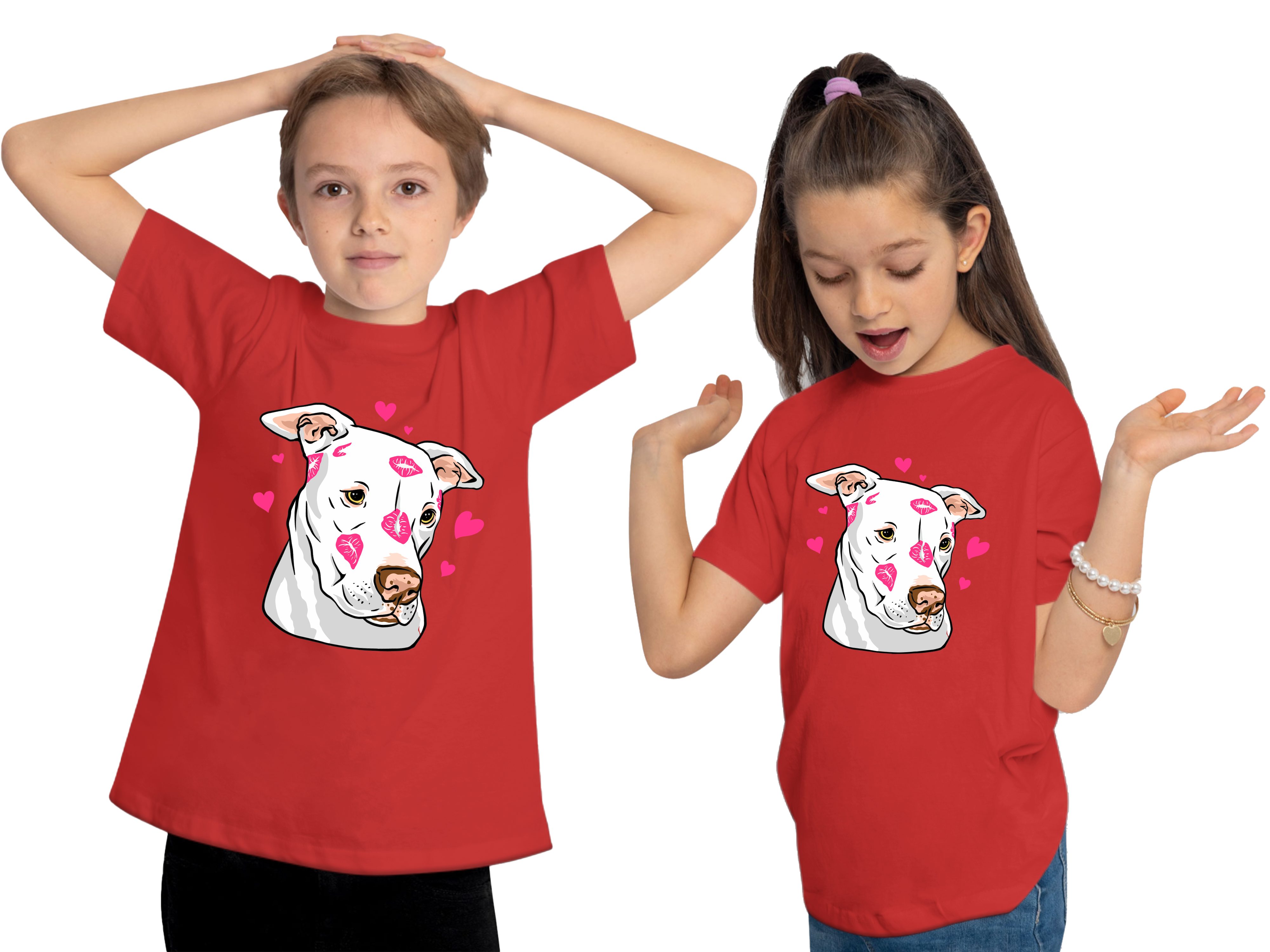 MyDesign24 Print-Shirt Kinder rot Aufdruck, Pitbull Baumwollshirt Hunde i229 mit Herzen bedrucktes T-Shirt mit 