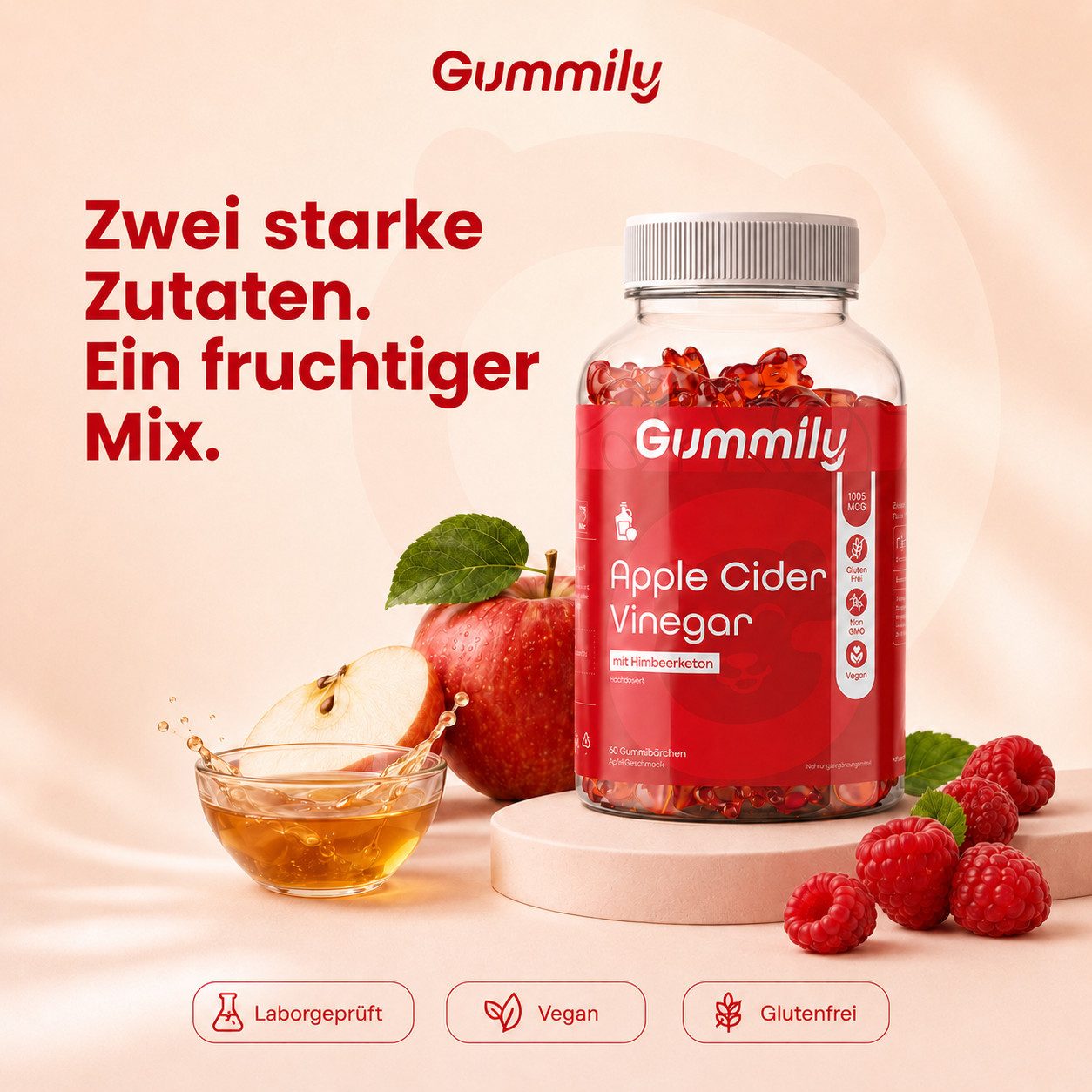 Gummily® Apfelessig Gummibärchen hochdosiert - LABORGEPRÜFT - ACV - KETO Gummibärchen, 180 g
